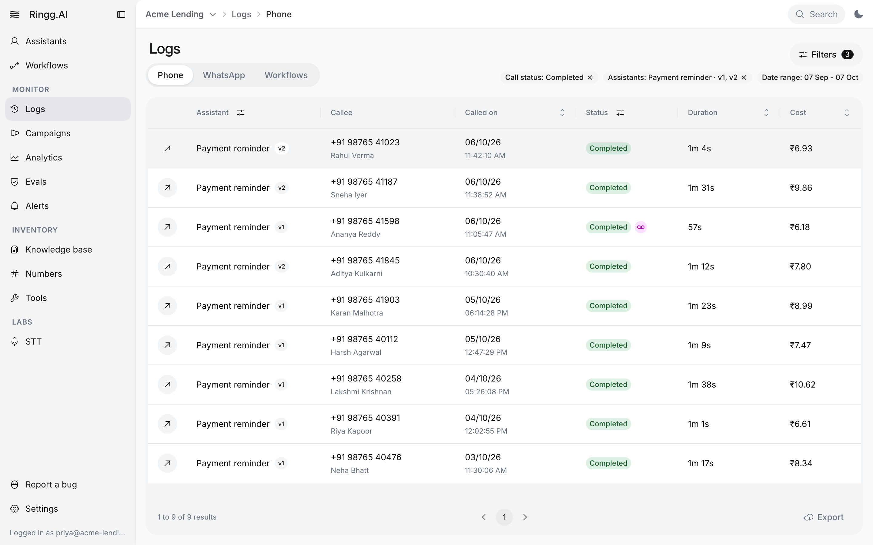 Logs filtered to Call status Completed and the Payment reminder agent after clicking Calls connected in Analytics