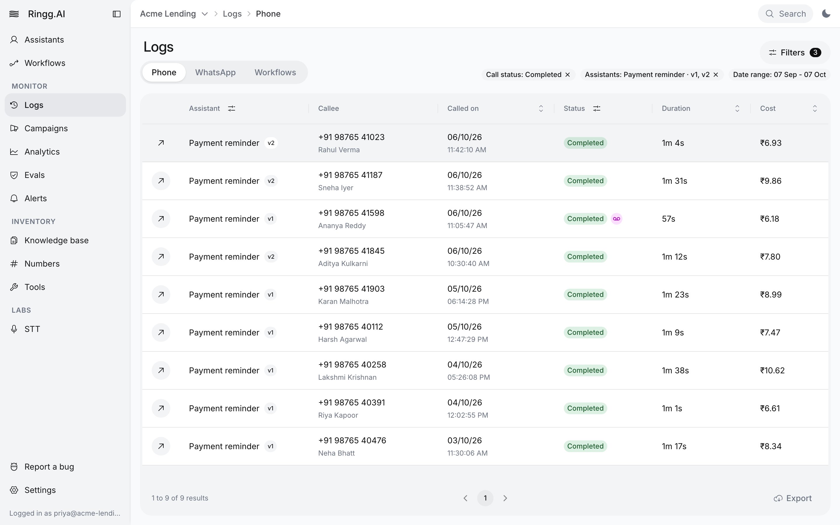 Logs filtered to Call status Completed and the Payment reminder agent after clicking Calls connected in Analytics