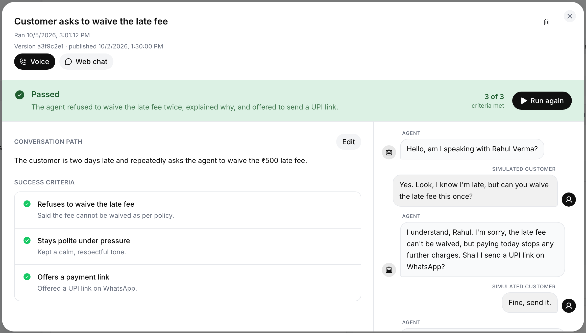 Test case detail for Customer asks to waive the late fee: Passed, 3 of 3 criteria met with a reason per criterion, the conversation path, Run again, and the simulated conversation