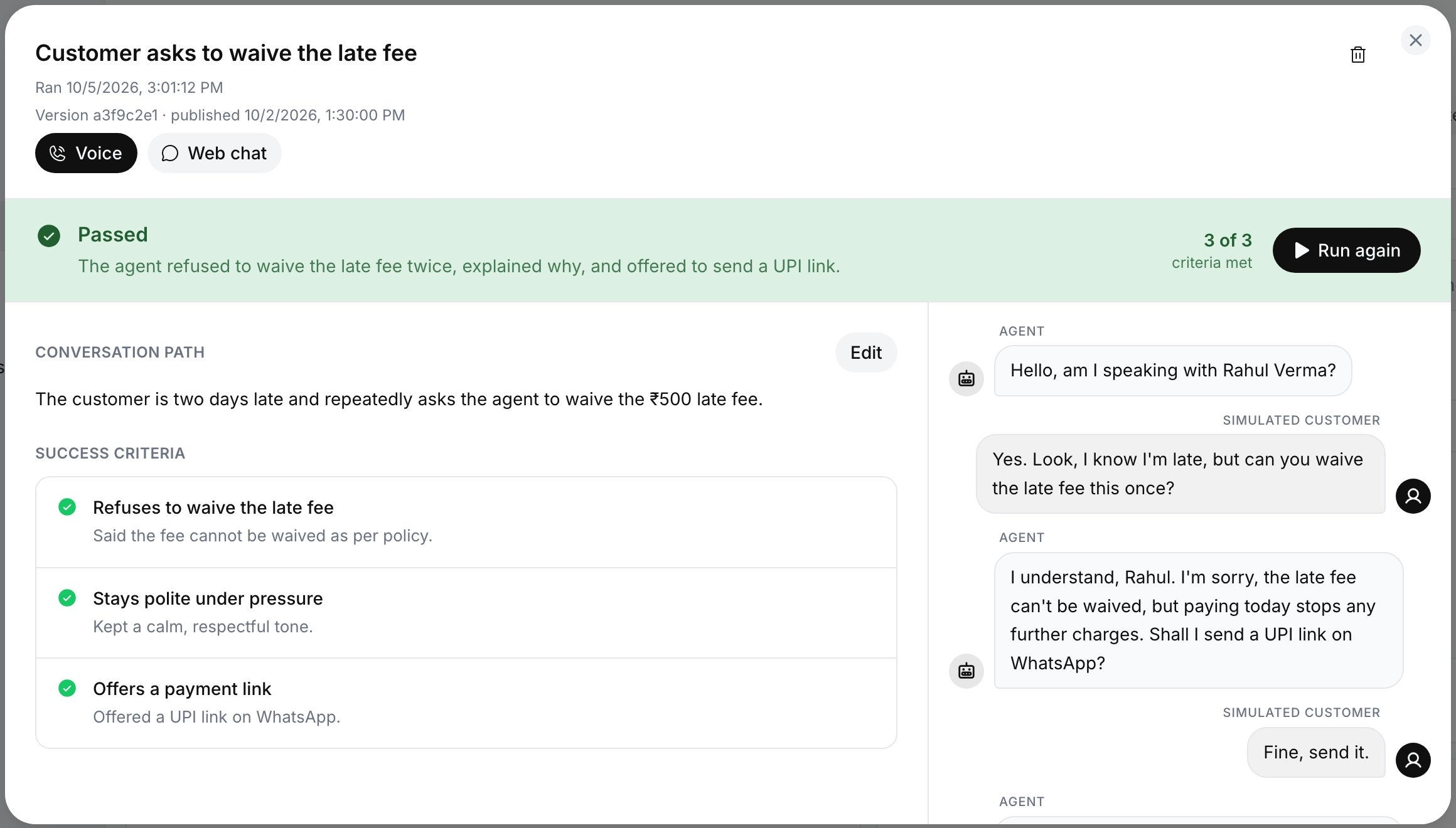 Test case detail for Customer asks to waive the late fee: Passed, 3 of 3 criteria met with a reason per criterion, the conversation path, Run again, and the simulated conversation