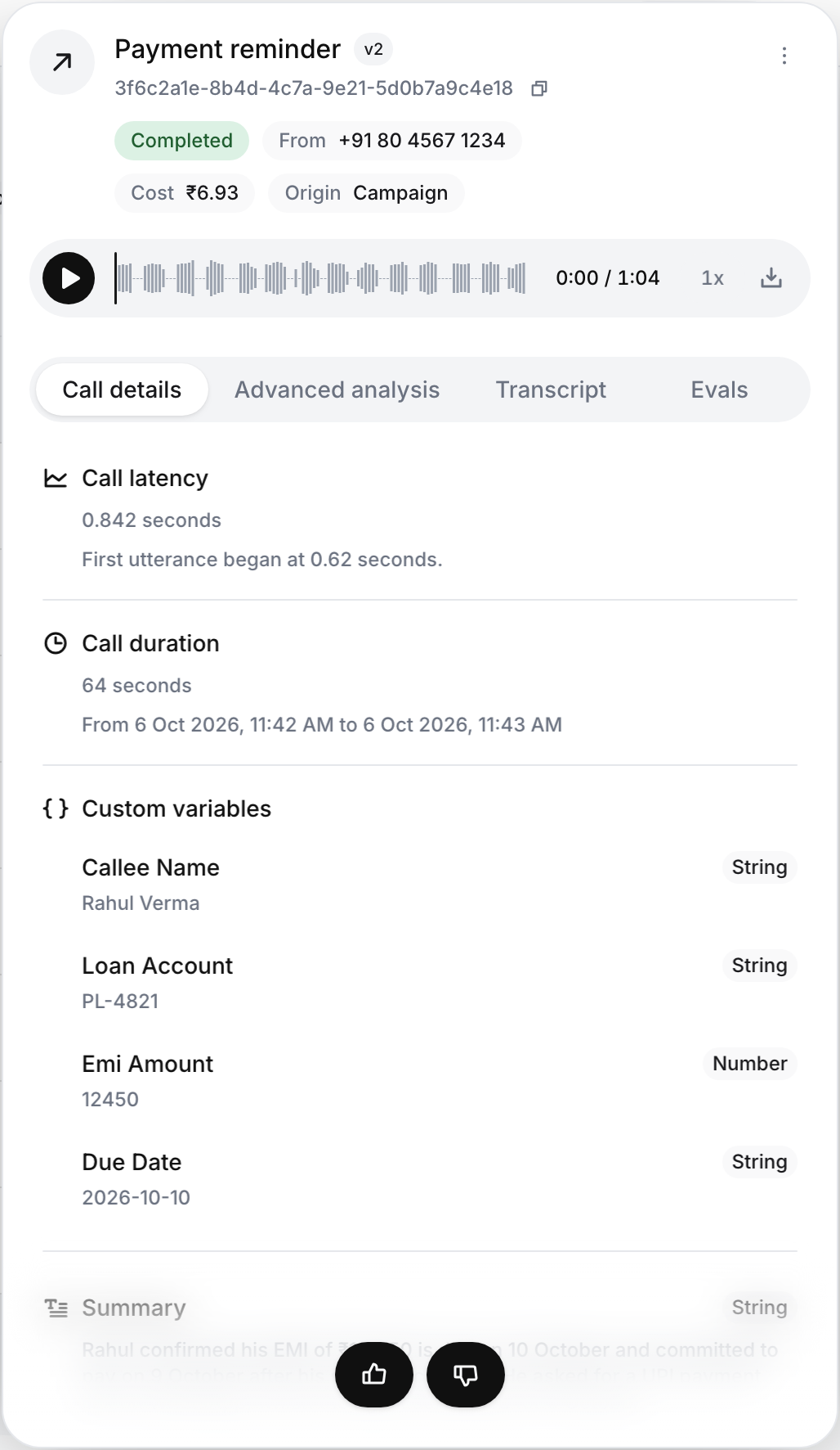 Call panel for a Payment reminder call: call ID, Completed status, From number, Cost ₹6.93, Origin Campaign, the recording player, and the Call details tab with call latency, call duration and custom variables
