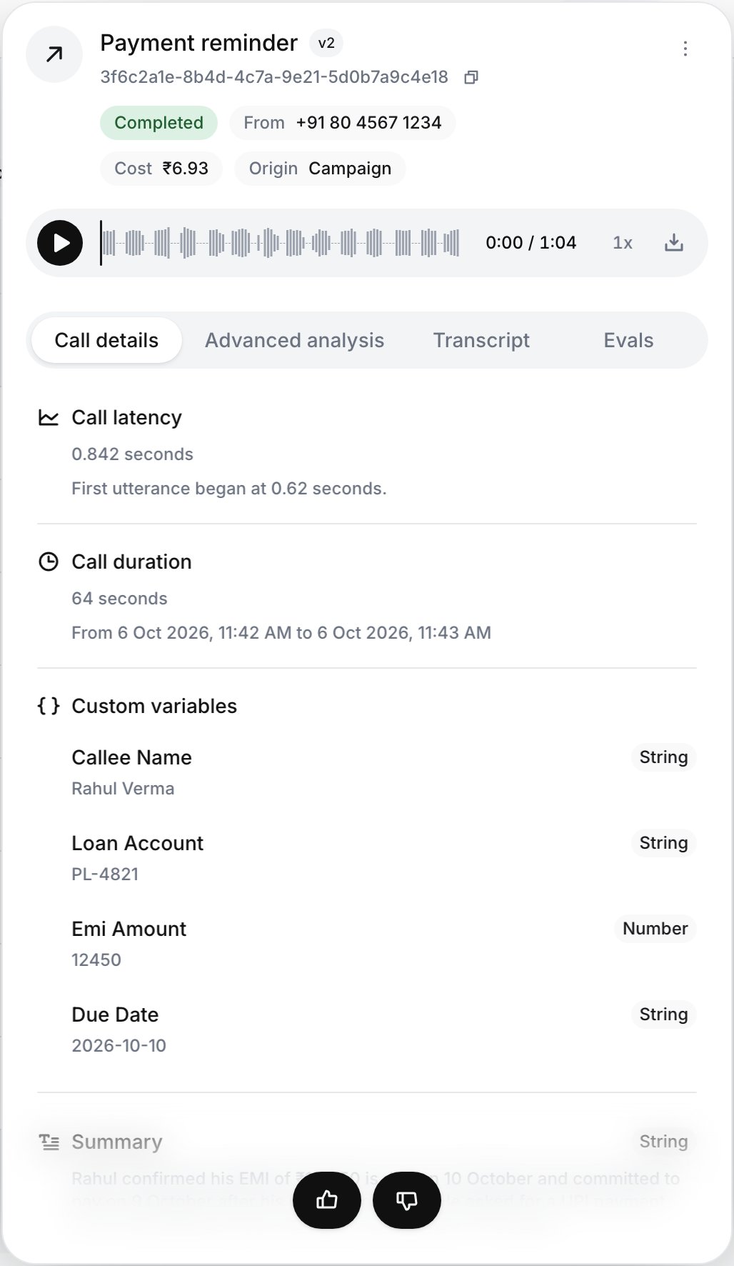 Call panel for a Payment reminder call: call ID, Completed status, From number, Cost ₹6.93, Origin Campaign, the recording player, and the Call details tab with call latency, call duration and custom variables