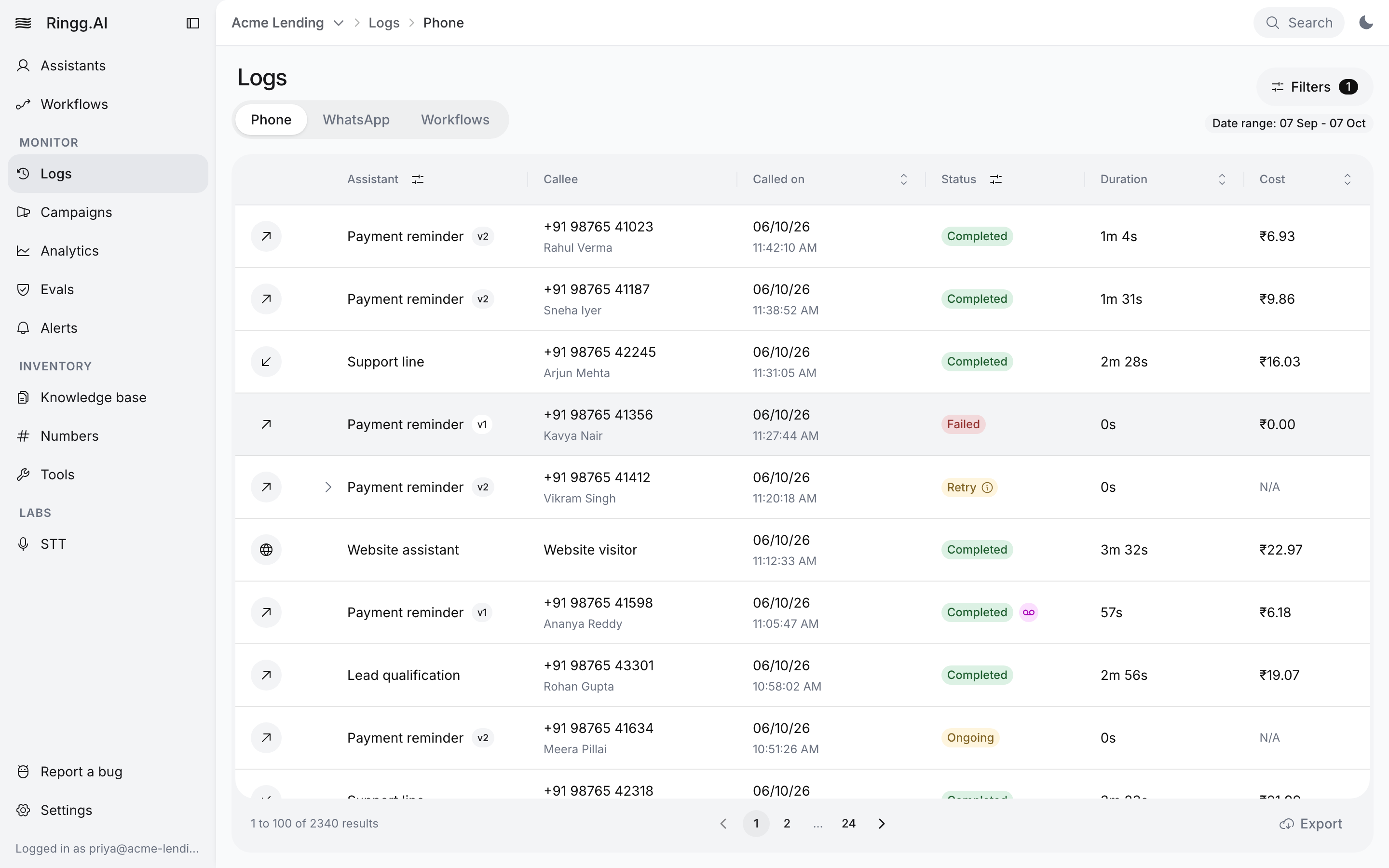 Logs Phone tab listing calls with columns Assistant, Callee, Called on, Status, Duration and Cost, showing Completed, Failed, Retry and Ongoing calls and an Export button in the footer