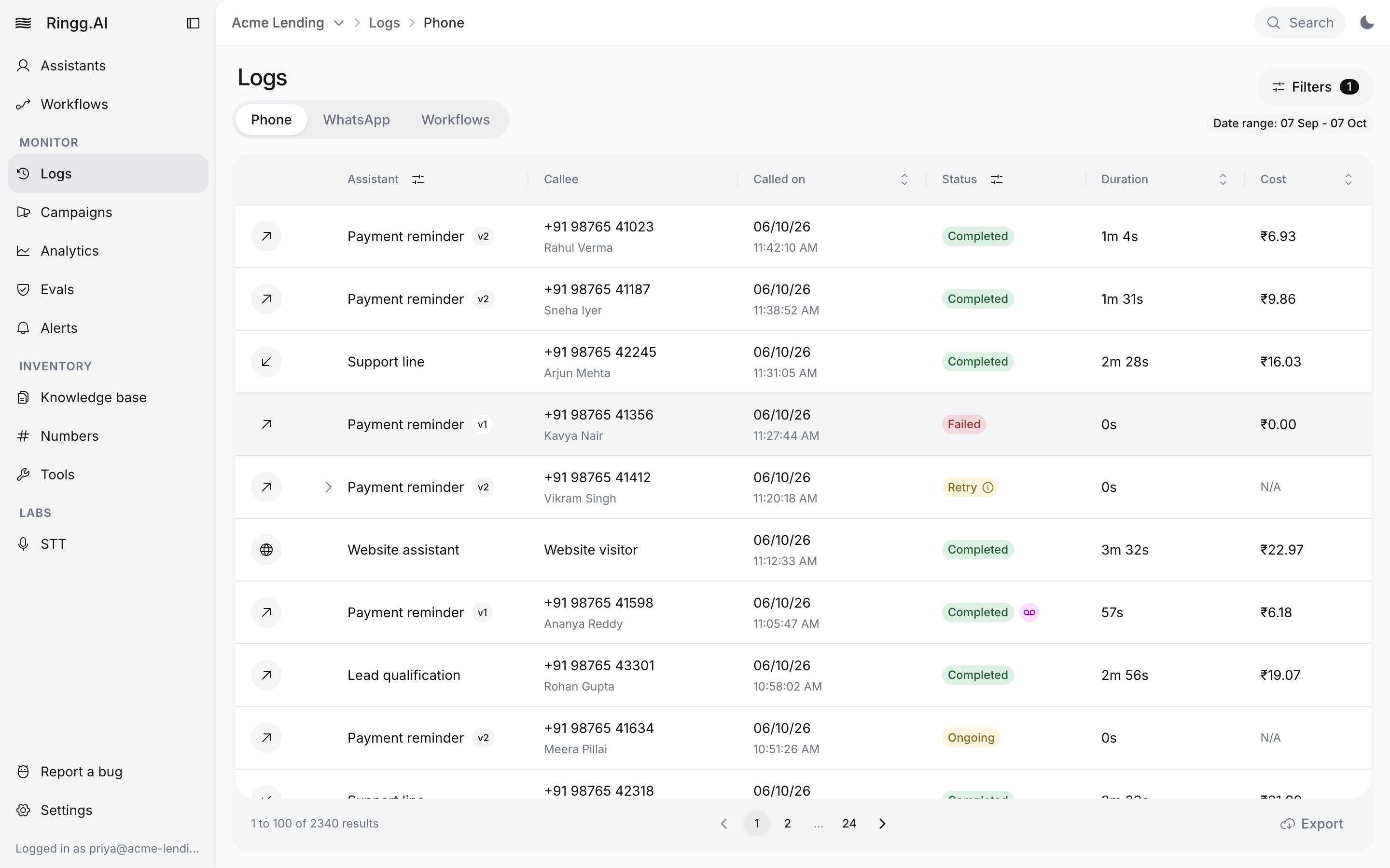 Logs Phone tab listing calls with columns Assistant, Callee, Called on, Status, Duration and Cost, showing Completed, Failed, Retry and Ongoing calls and an Export button in the footer