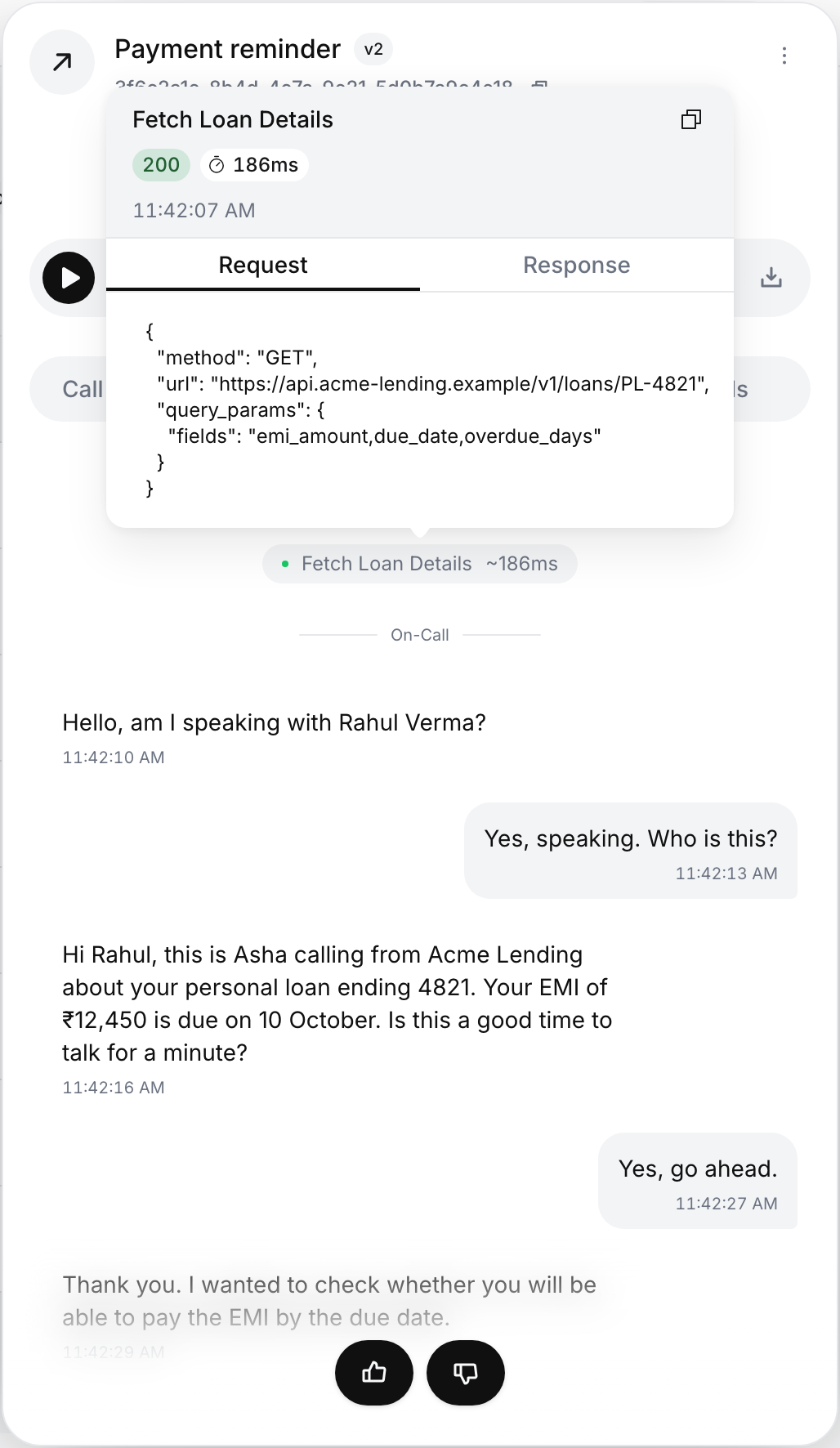 Tool call popover for Fetch Loan Details: status 200, 186ms, time, and the Request tab with method, URL and query parameters, above the call transcript