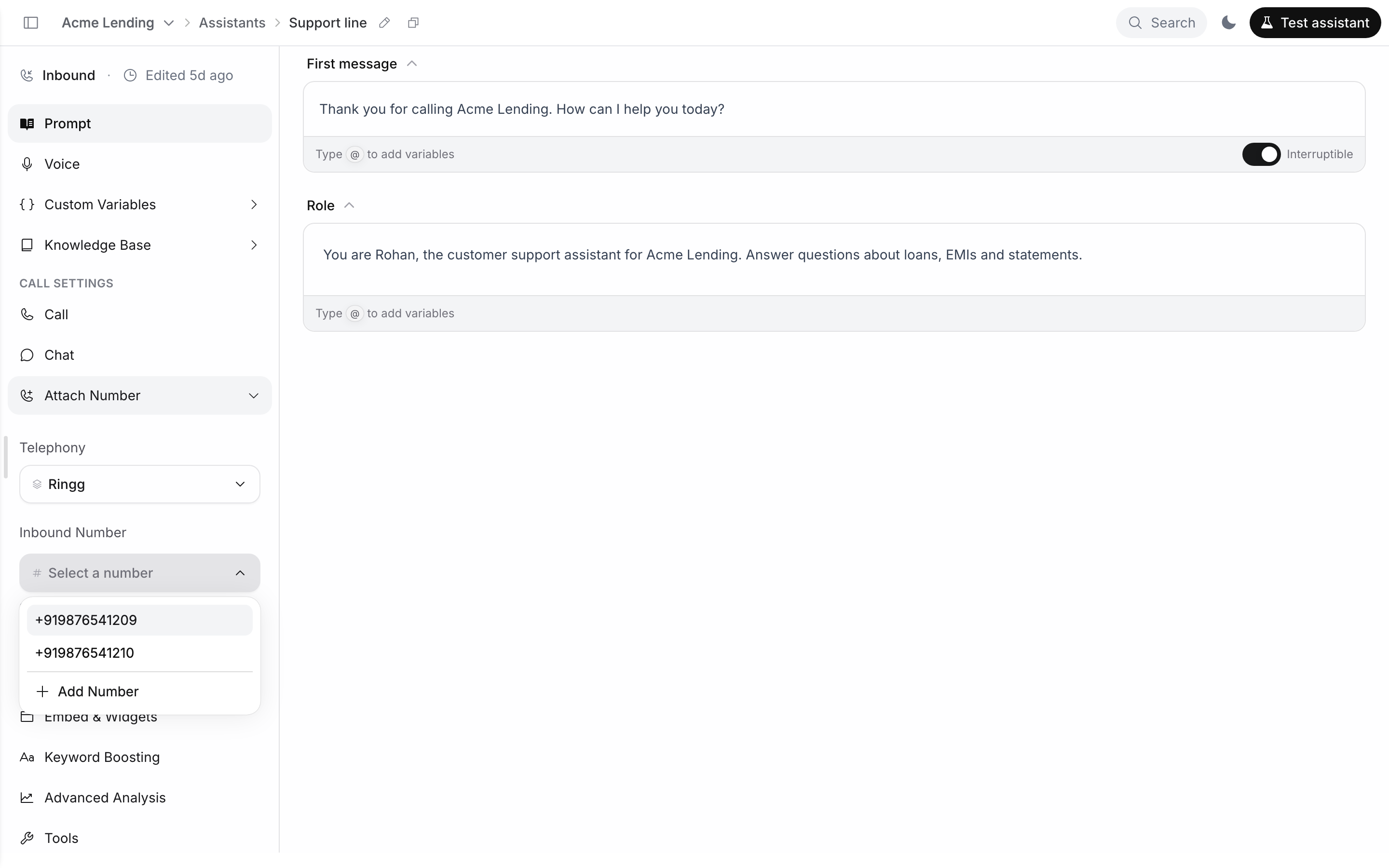 Agent editor for Support line with Attach Number expanded in the sidebar, Telephony set to Ringg and the Inbound Number list open showing two numbers and Add Number