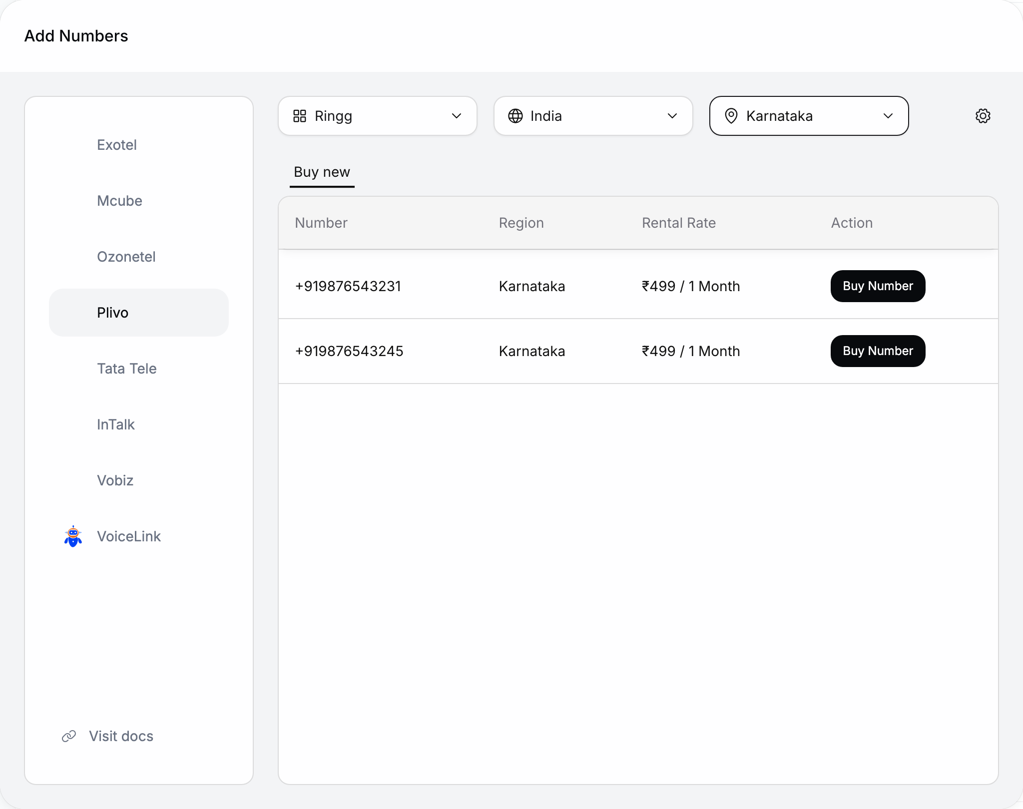 Add Numbers dialog with Plivo selected, telephony account Ringg, country India, region Karnataka, and two numbers listed at ₹499 / 1 Month with Buy Number buttons