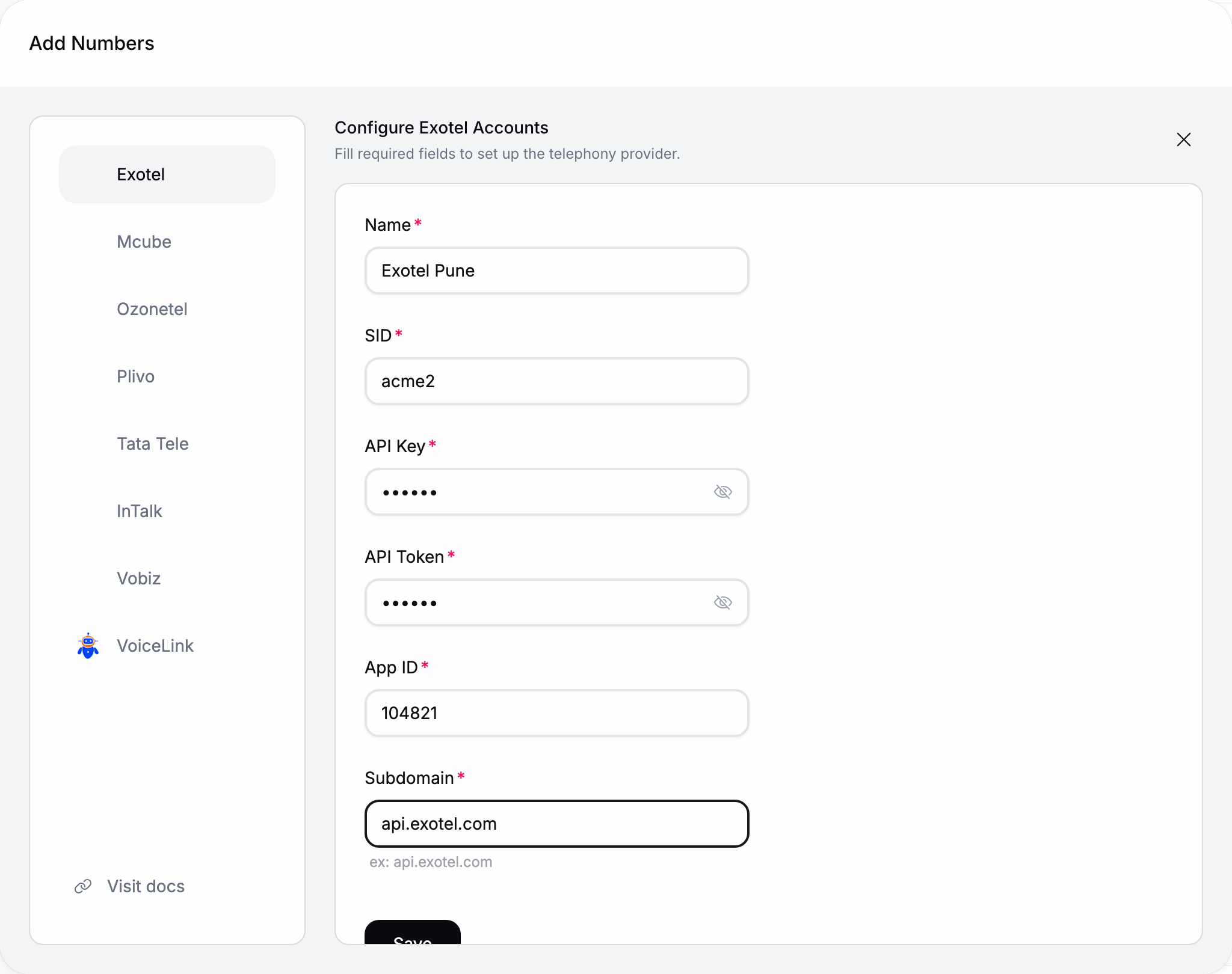 Configure Exotel Accounts form in the Add Numbers dialog with Name, SID, API Key, API Token, App ID and Subdomain filled in