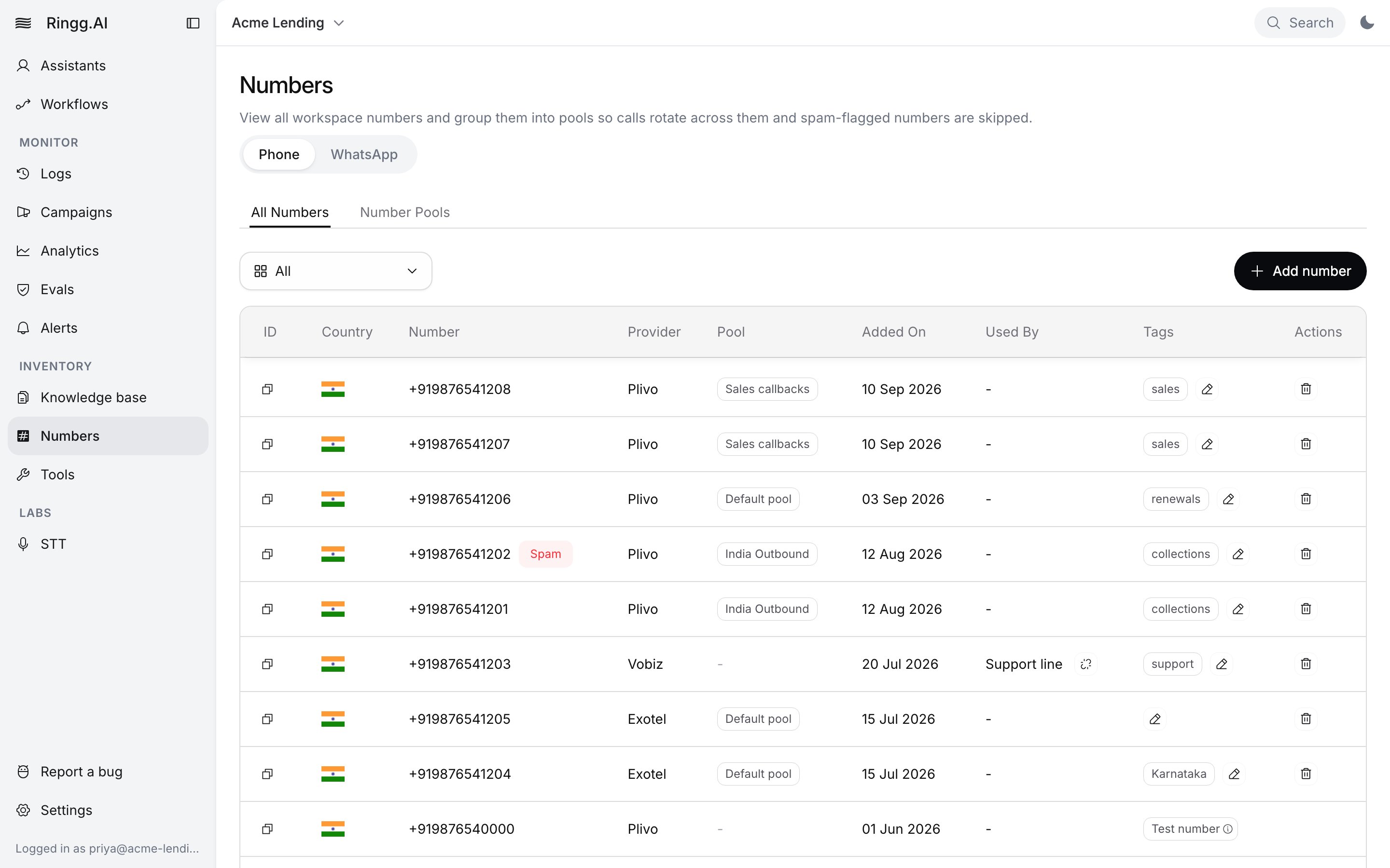 Numbers page on the Phone tab with All Numbers open: telephony account filter set to All, Add number button, and a table of Indian numbers with provider, pool, added date, Used By agent and tags