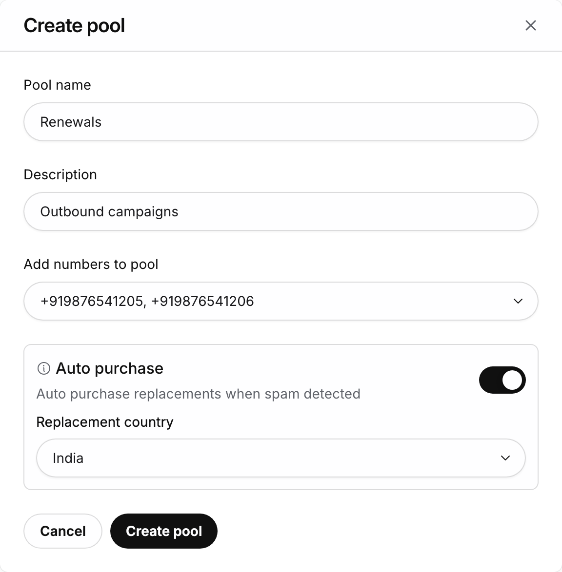 Create pool dialog with Pool name Renewals, Description Outbound campaigns, two numbers selected, Auto purchase switched on and Replacement country India