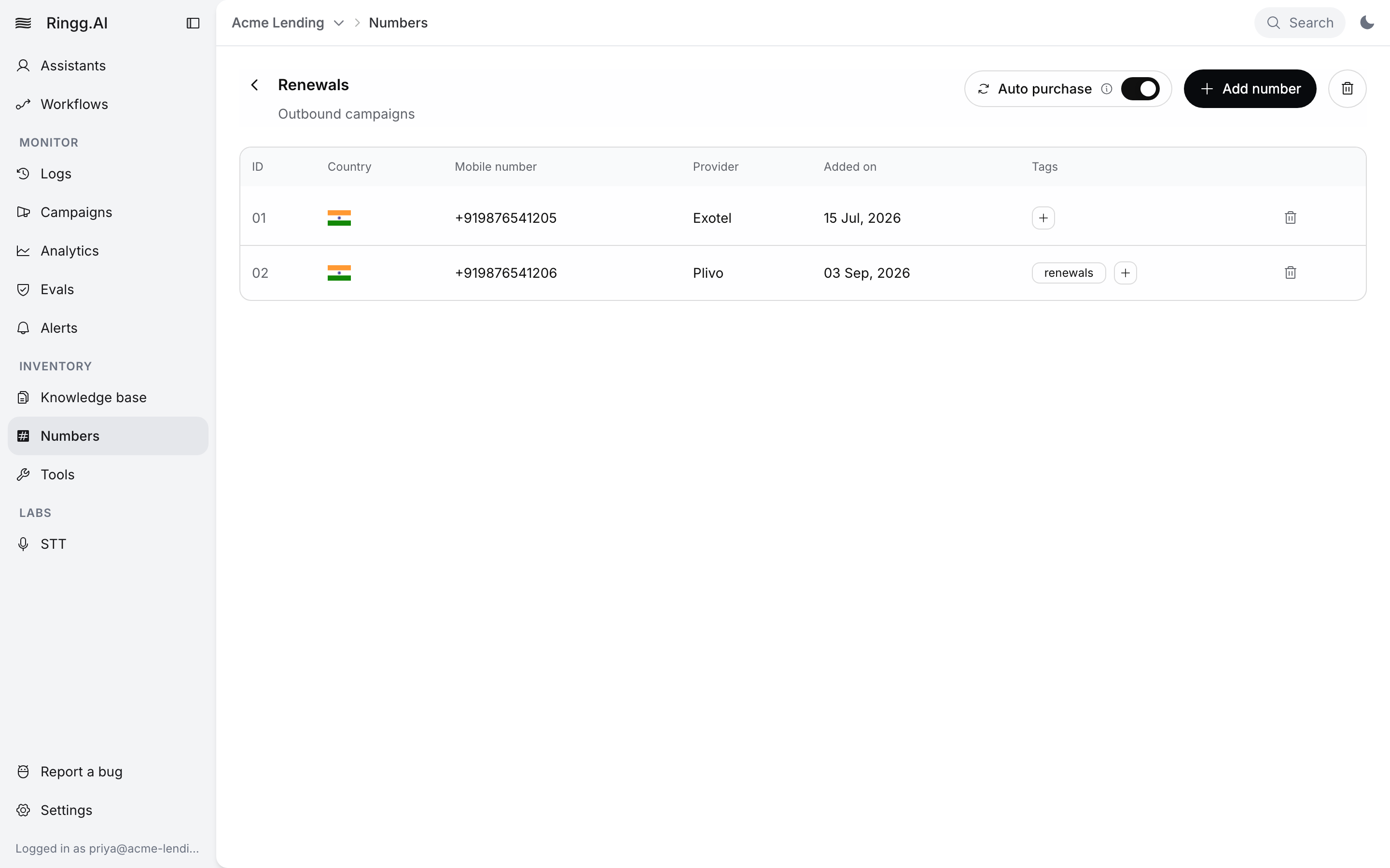 Renewals pool page with description Outbound campaigns, the Auto purchase switch on, Add number and delete buttons, and a table of two numbers with provider, added date and tags