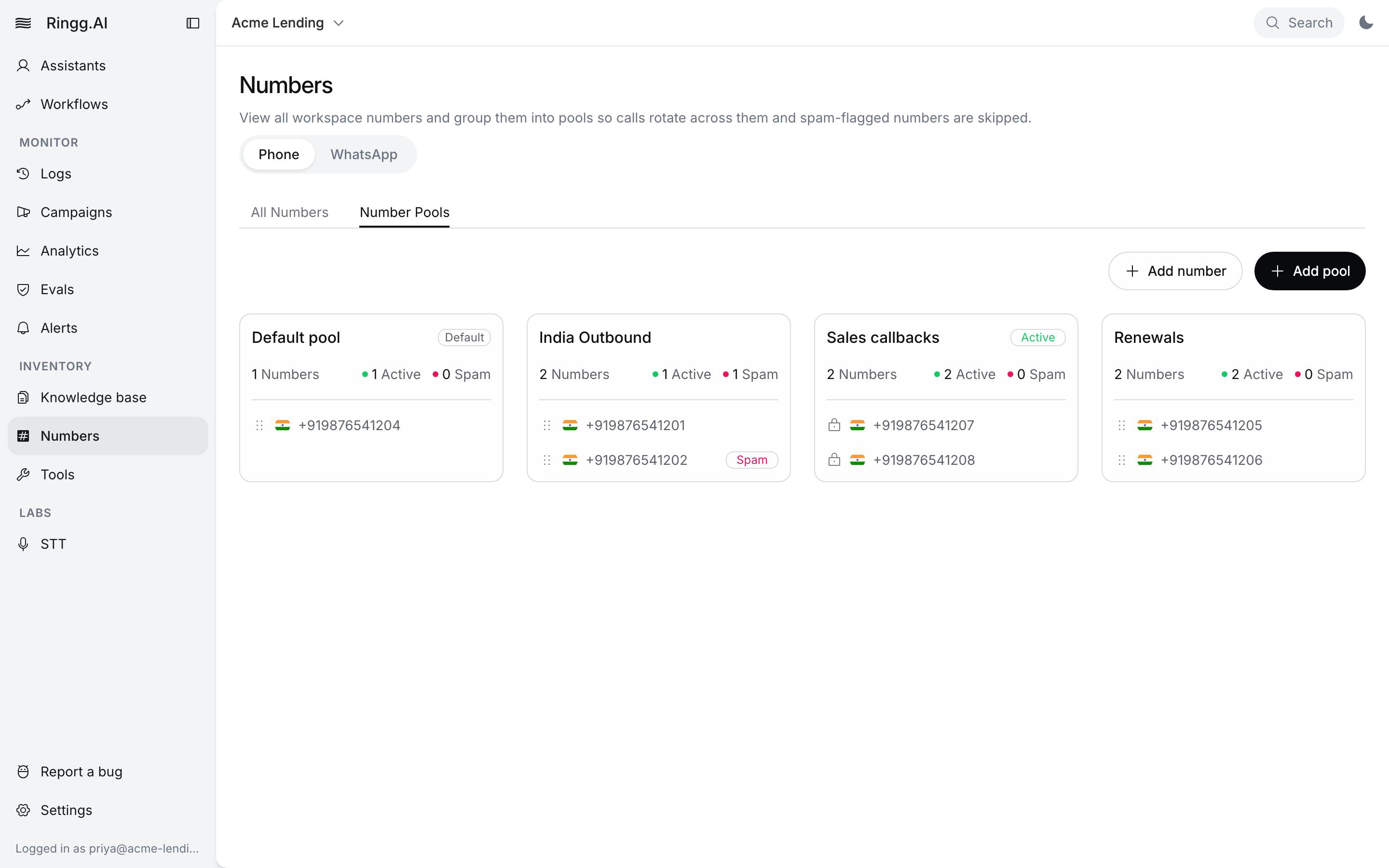 Number Pools tab with four pool cards: Default pool with a Default badge, India Outbound with 1 Spam, Sales callbacks with an Active chip and locked numbers, and the new Renewals pool