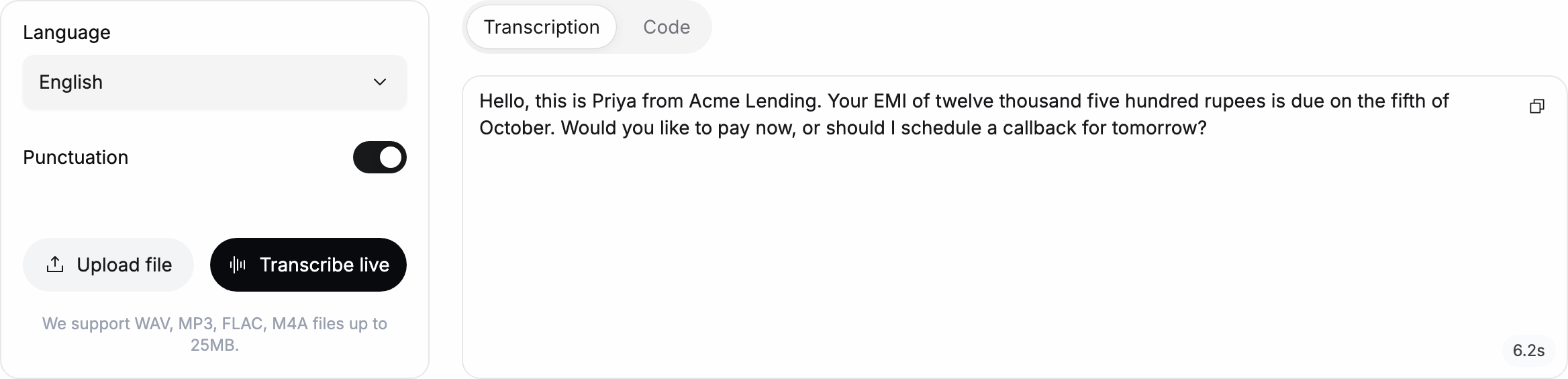 STT try-it panel with Language English, Punctuation on, Upload file and Transcribe live buttons, and a Transcription box showing a transcribed Acme Lending payment reminder with a 6.2s duration chip