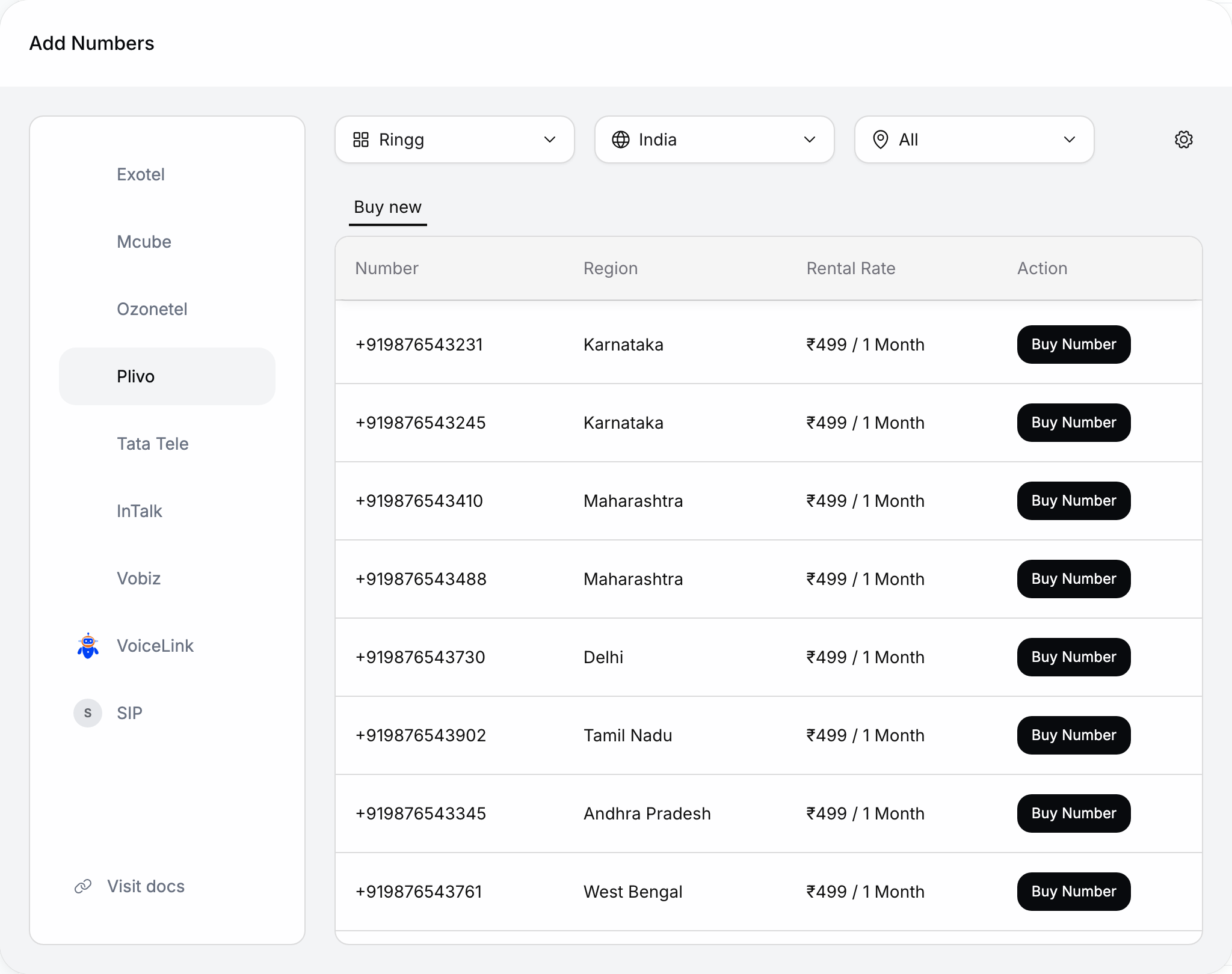 Add Numbers dialog with a provider list (Exotel, Mcube, Ozonetel, Plivo, Tata Tele, InTalk, Vobiz, VoiceLink, SIP), account, country and region selectors, a gear button, and a Buy new tab listing numbers