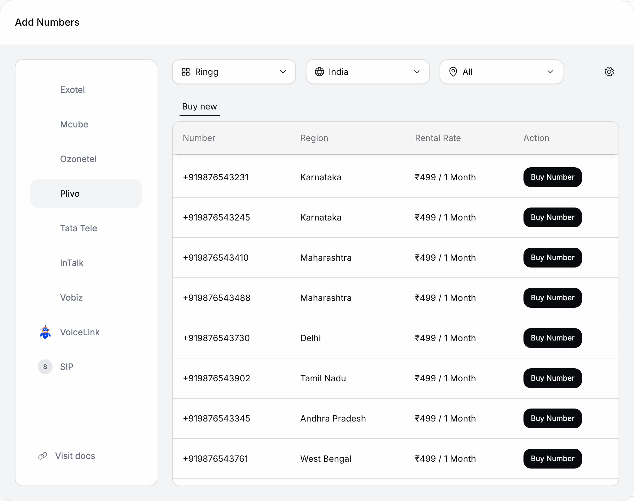 Add Numbers dialog with a provider list (Exotel, Mcube, Ozonetel, Plivo, Tata Tele, InTalk, Vobiz, VoiceLink, SIP), account, country and region selectors, a gear button, and a Buy new tab listing numbers