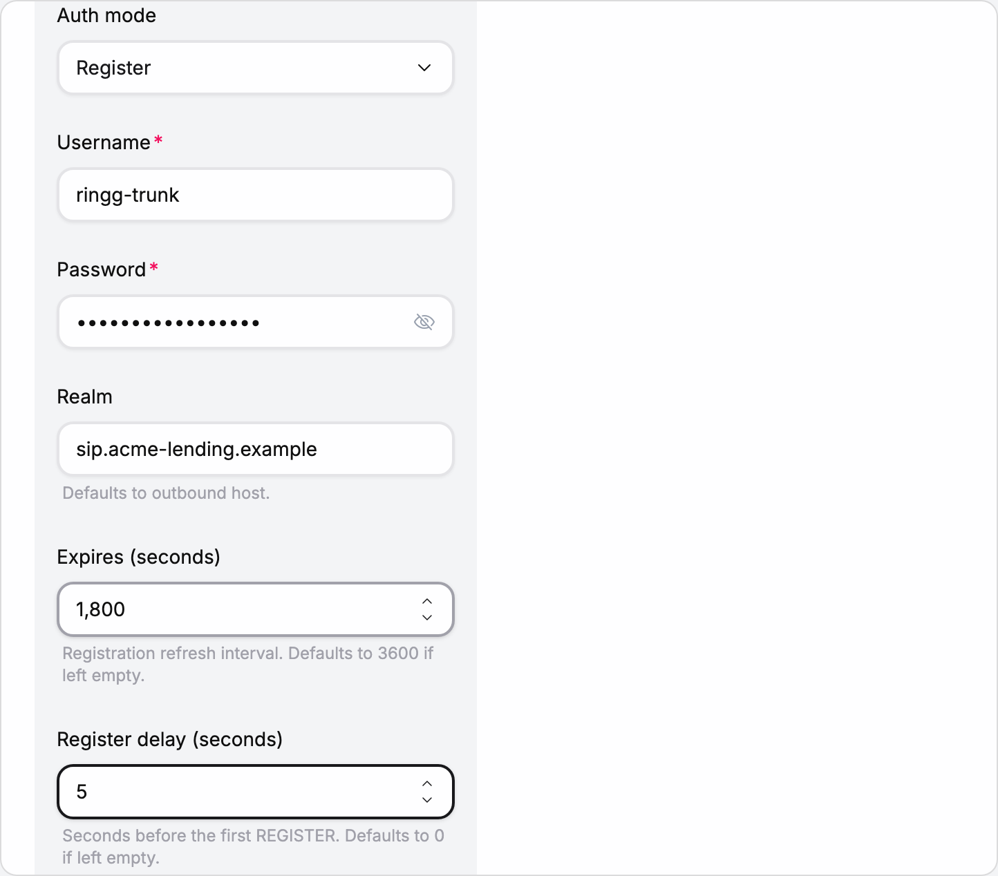 Authentication section with Auth mode Register, Username ringg-trunk, a masked Password, Realm sip.acme-lending.example, Expires 1,800 seconds and Register delay 5 seconds