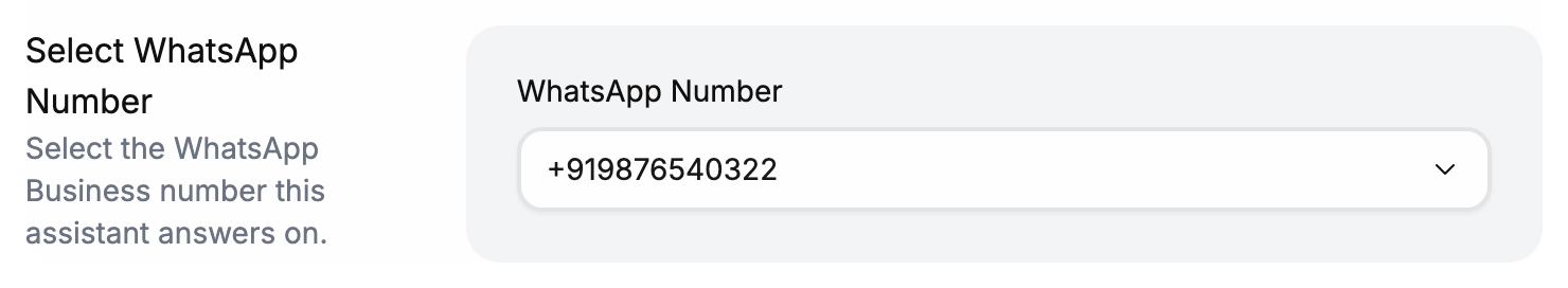 Select WhatsApp Number section of the create form with a WhatsApp Number dropdown showing +919876540322 selected