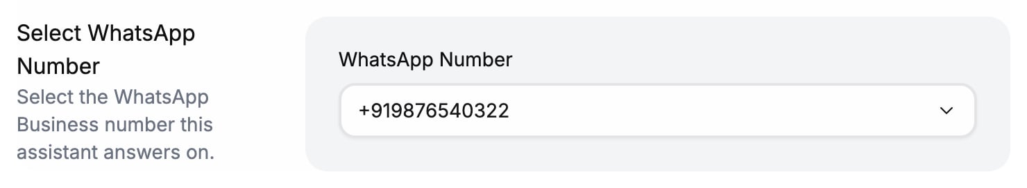 Select WhatsApp Number section of the create form with a WhatsApp Number dropdown showing +919876540322 selected