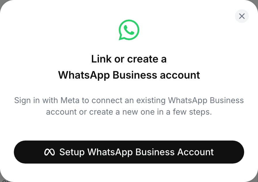 Dialog titled Link or create a WhatsApp Business account with a Setup WhatsApp Business Account button carrying the Meta logo