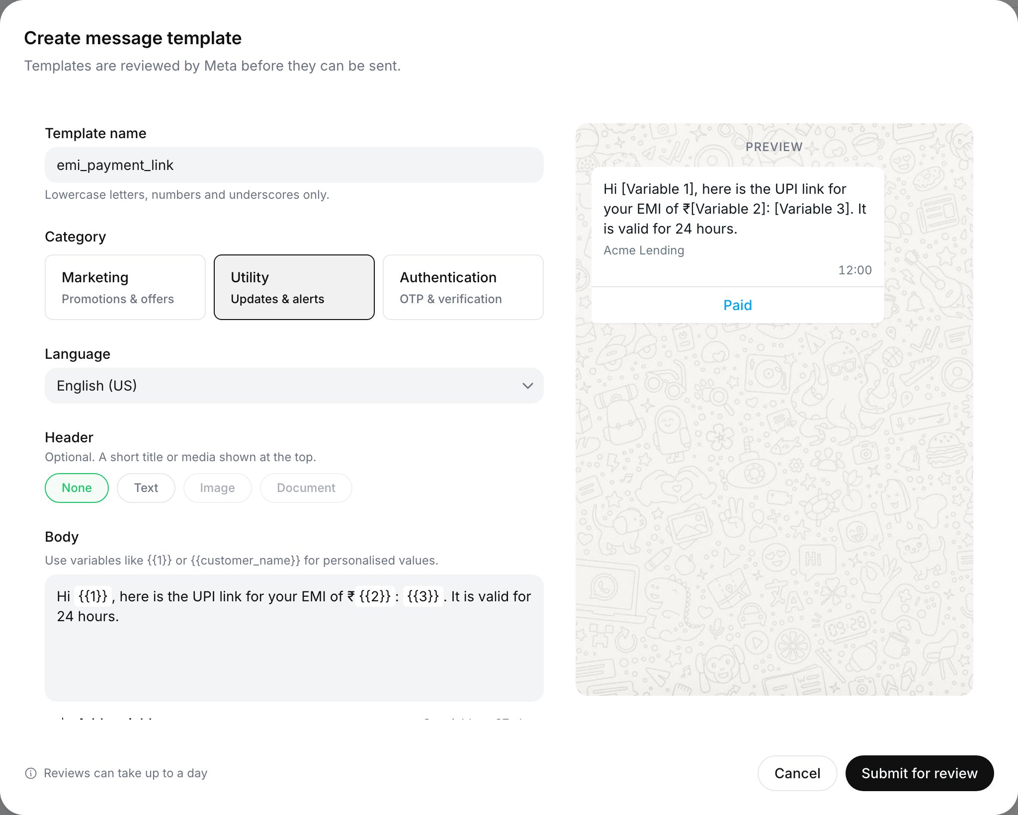 Create message template dialog: name emi_payment_link, category Utility selected, language English (US), header None, a body with three numbered variables, and a WhatsApp-style preview of the message with a Paid quick reply button