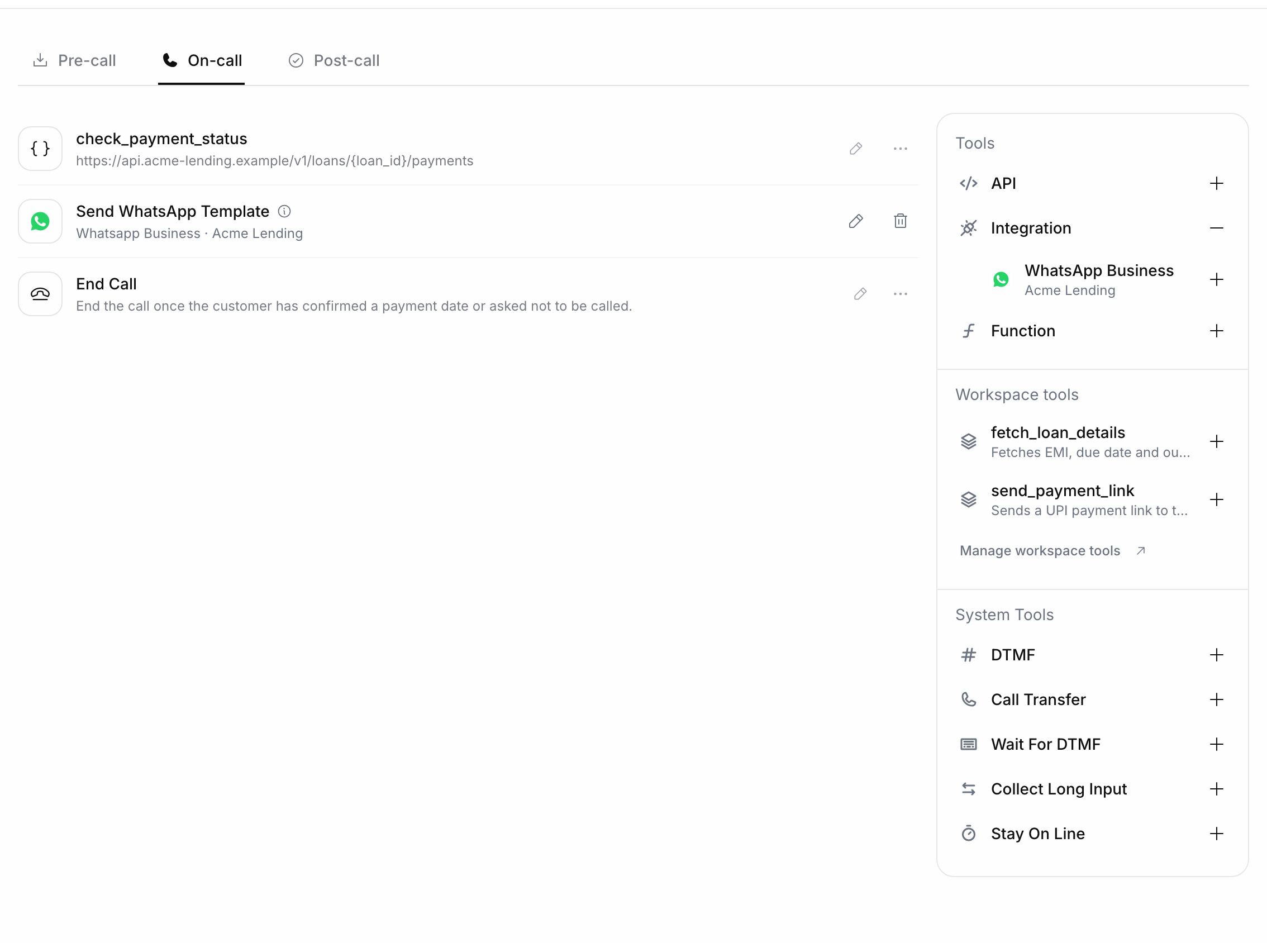 On-call tools list with check_payment_status, Send WhatsApp Template from Whatsapp Business · Acme Lending, and End Call; the side panel shows Integration expanded with WhatsApp Business
