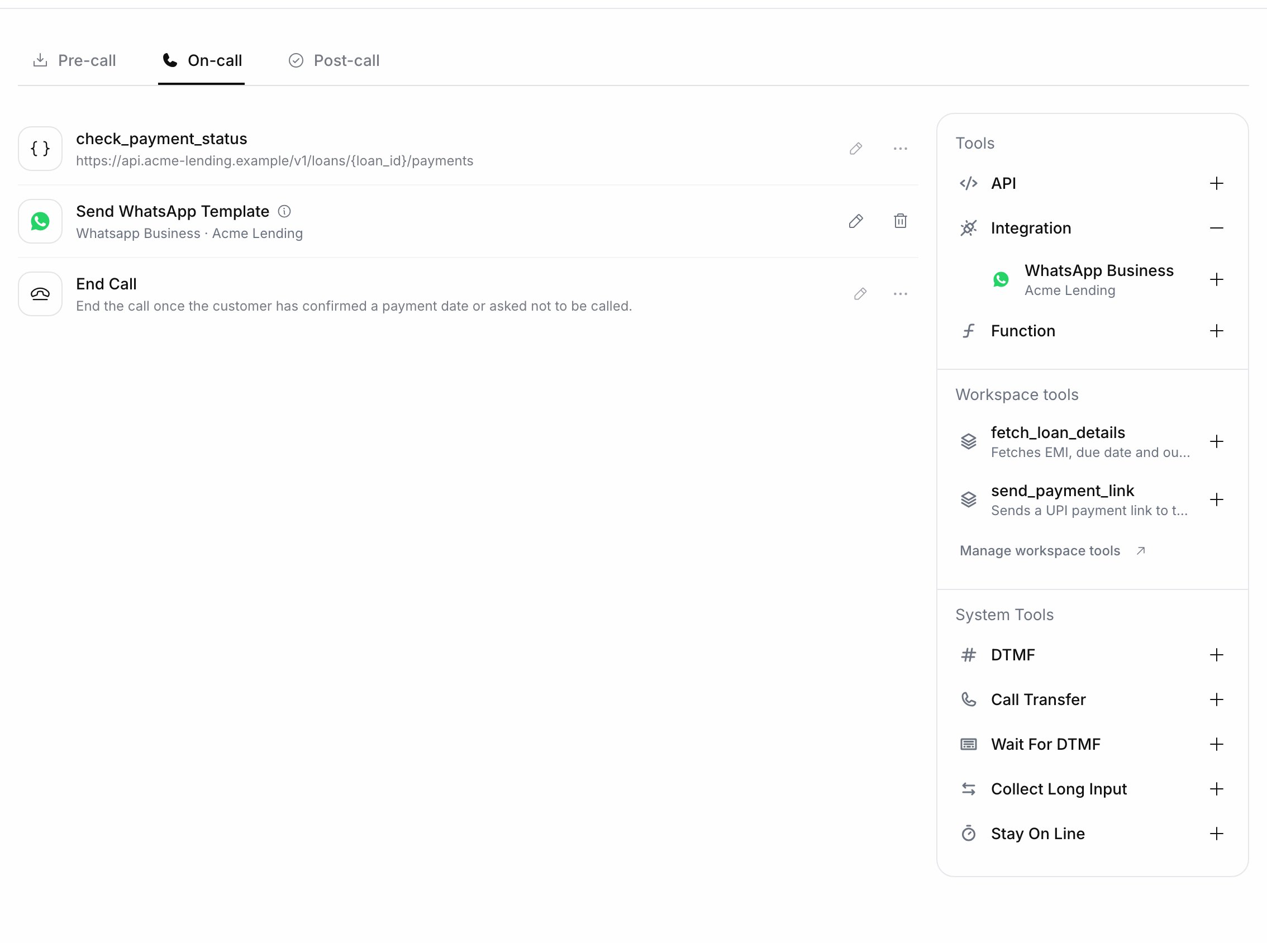 On-call tools list with check_payment_status, Send WhatsApp Template from Whatsapp Business · Acme Lending, and End Call; the side panel shows Integration expanded with WhatsApp Business