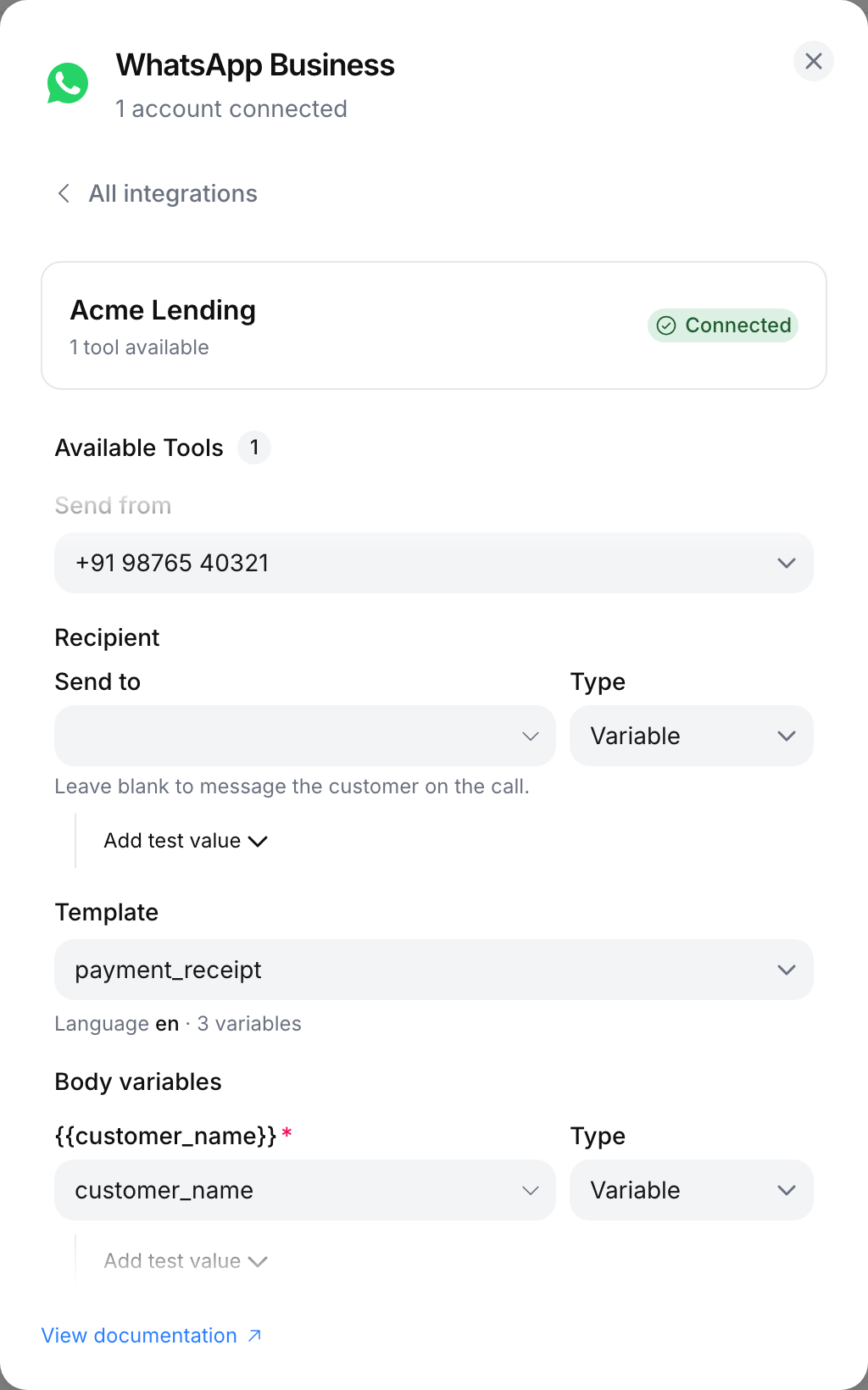 Post-call Send WhatsApp Template configuration: Send from +91 98765 40321, Send to blank, template payment_receipt with language en and 3 variables, and the customer_name row mapped to the customer_name variable
