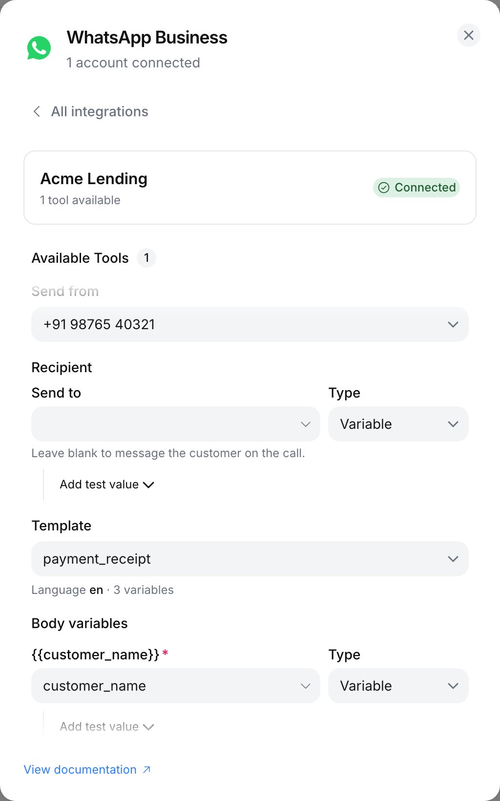 Post-call Send WhatsApp Template configuration: Send from +91 98765 40321, Send to blank, template payment_receipt with language en and 3 variables, and the customer_name row mapped to the customer_name variable