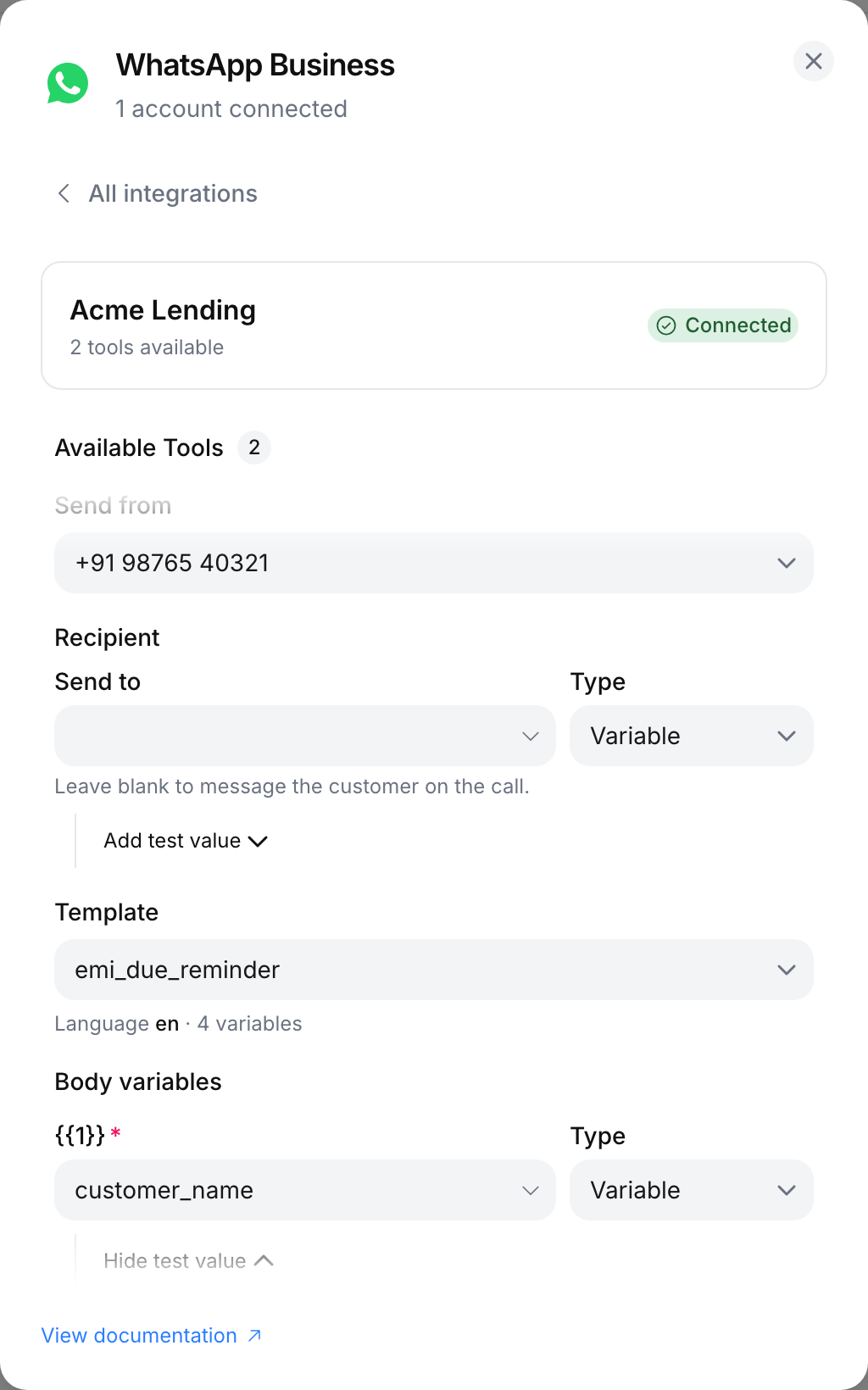Send WhatsApp Template configuration: Send from +91 98765 40321, Send to left blank, template emi_due_reminder with language en and 4 variables, body variables mapped to custom variables, and Test message sent above the Run test and Import buttons