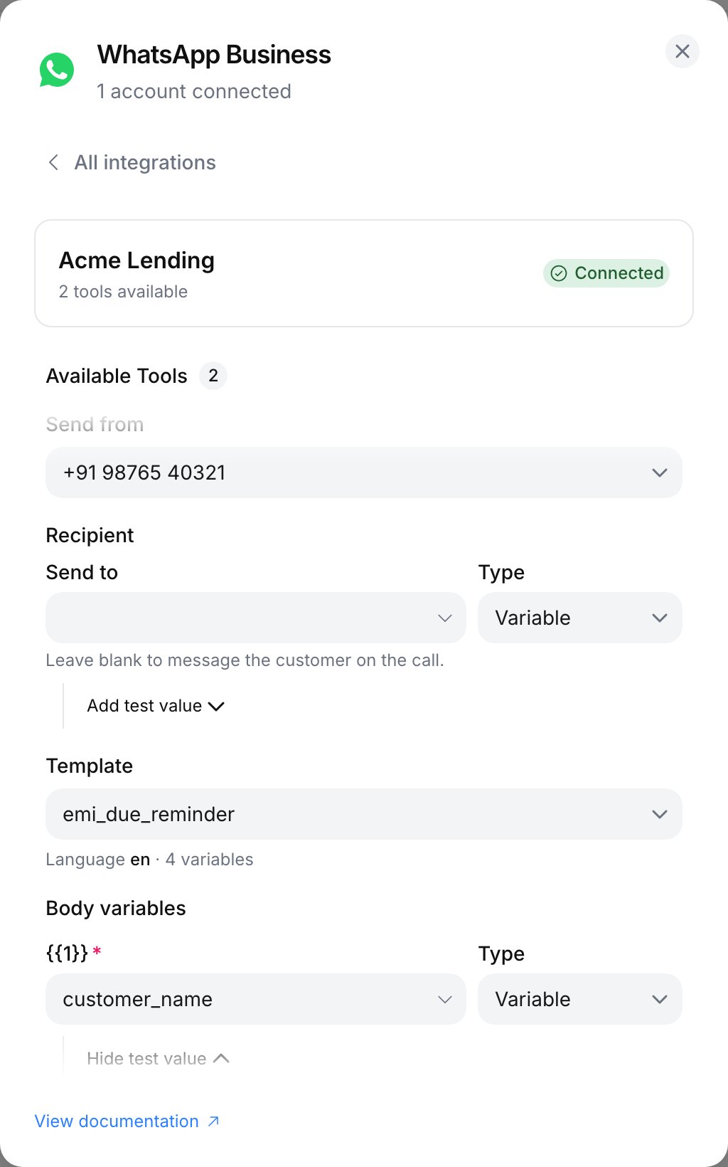 Send WhatsApp Template configuration: Send from +91 98765 40321, Send to left blank, template emi_due_reminder with language en and 4 variables, body variables mapped to custom variables, and Test message sent above the Run test and Import buttons