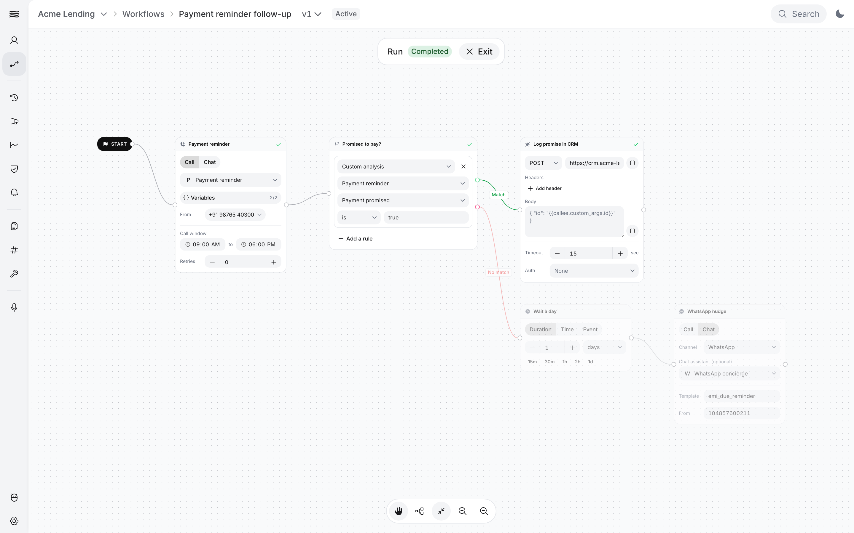 Workflow canvas in run view with the banner Run Completed and an Exit button; the Agent, Condition and Action blocks each show a green check