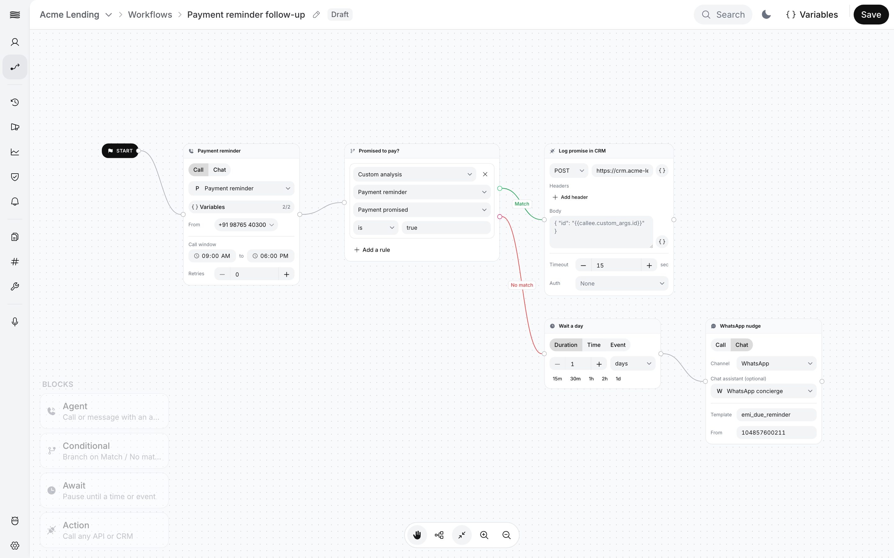 Workflow editor canvas: Start leads to an Agent block (Payment reminder agent, calling from +91 98765 40300, Variables 2/2), then a Condition “Promised to pay?” with the rule Custom analysis · Payment reminder · Payment promised is true. Match leads to the Action “Log promise in CRM” (POST to a CRM URL); No match leads to the Await “Wait a day” (1 day), then an Agent block in Chat mode, “WhatsApp nudge” (WhatsApp, WhatsApp concierge, template emi_due_reminder)