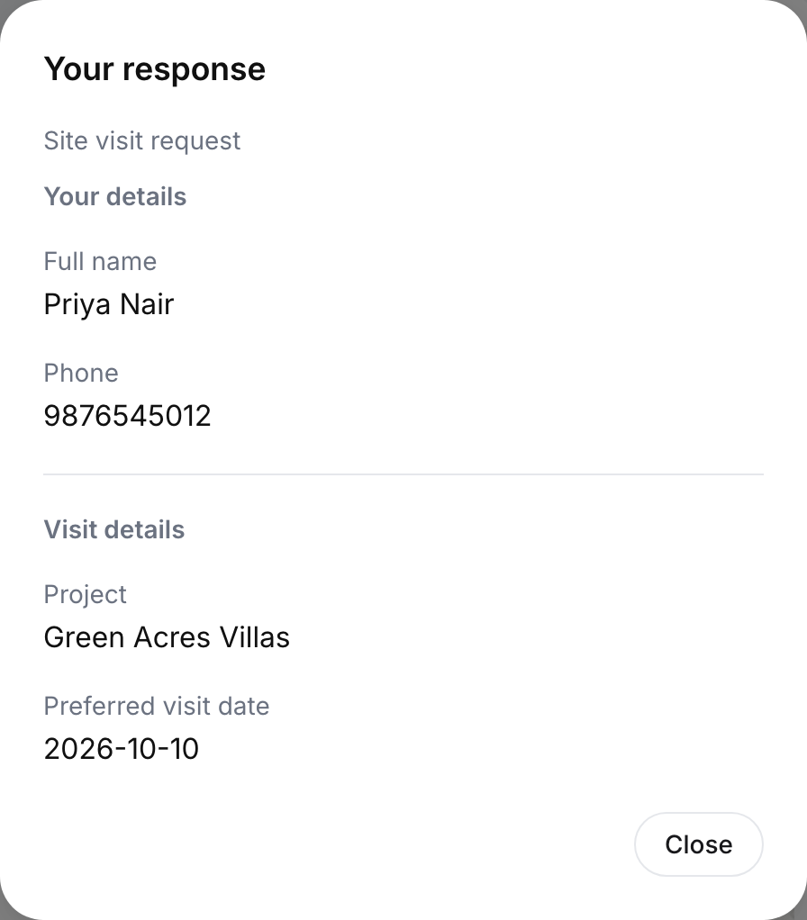 Your response dialog for Site visit request: Your details with Full name Priya Nair and Phone 9876545012, then Visit details with Project Green Acres Villas and Preferred visit date 2026-10-10, and a Close button