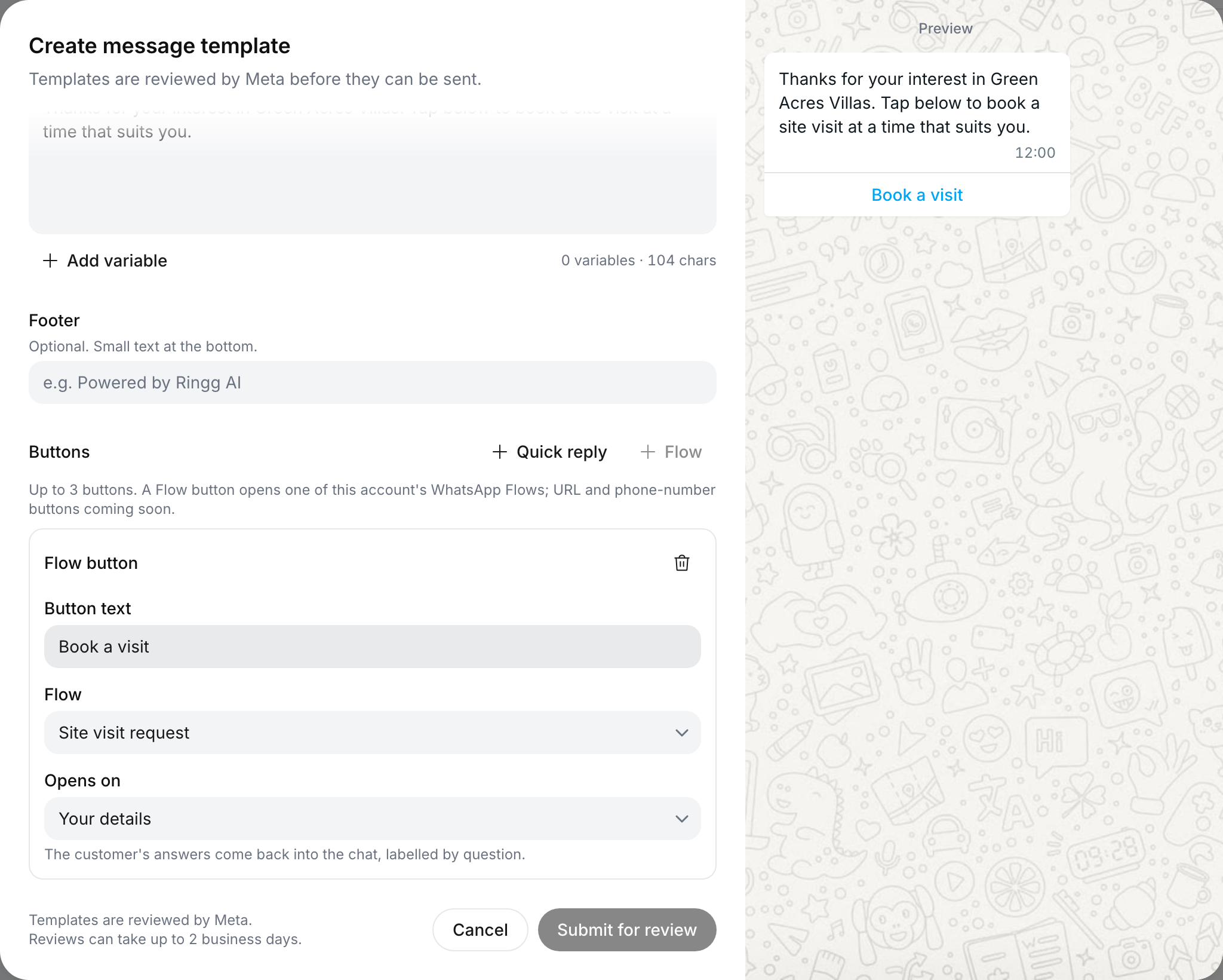 Create message template dialog: the body text, then a Flow button with Button text Book a visit, Flow Site visit request and Opens on Your details; the preview shows the message with a Book a visit button