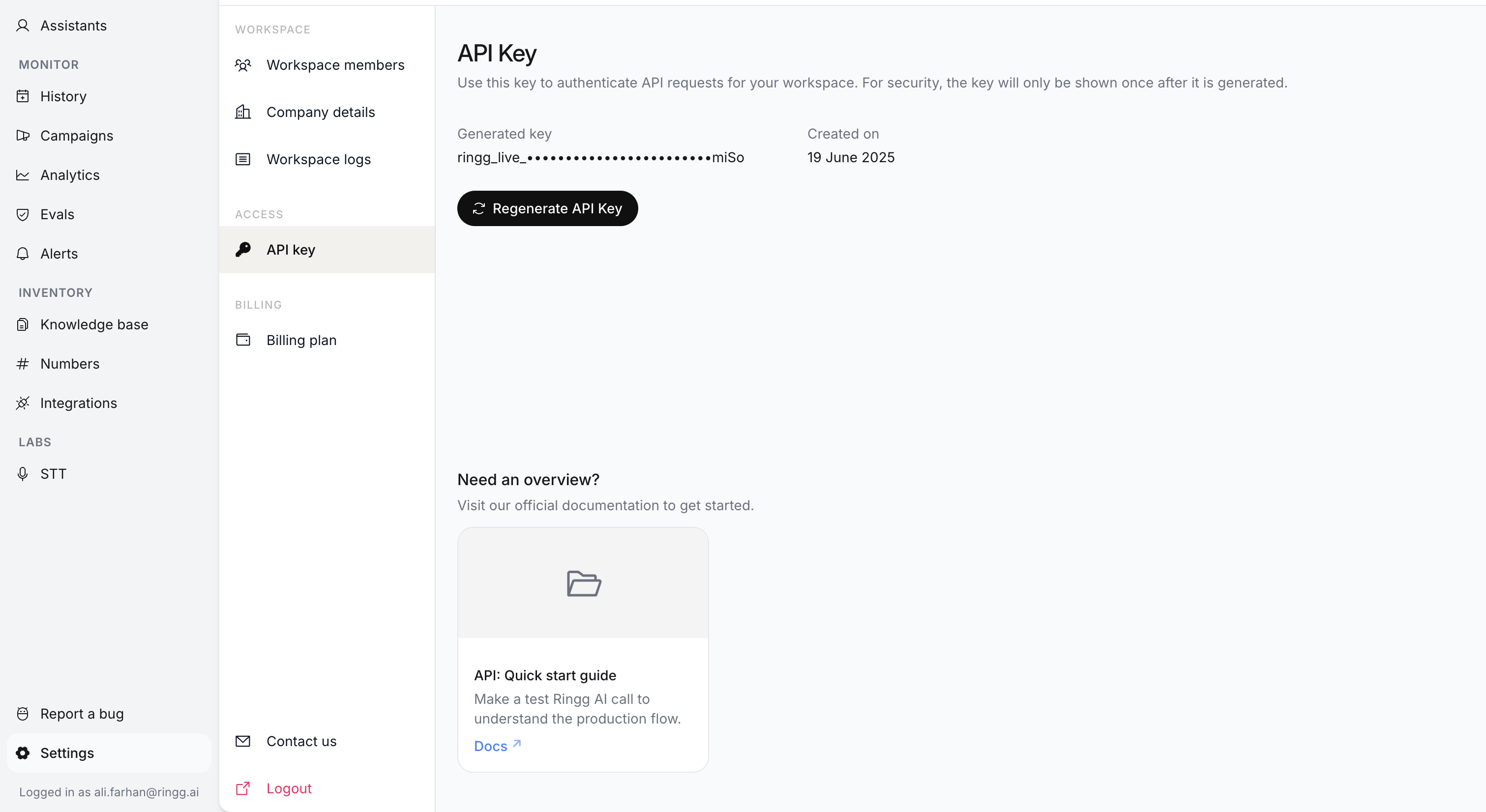Ringg dashboard API key screen