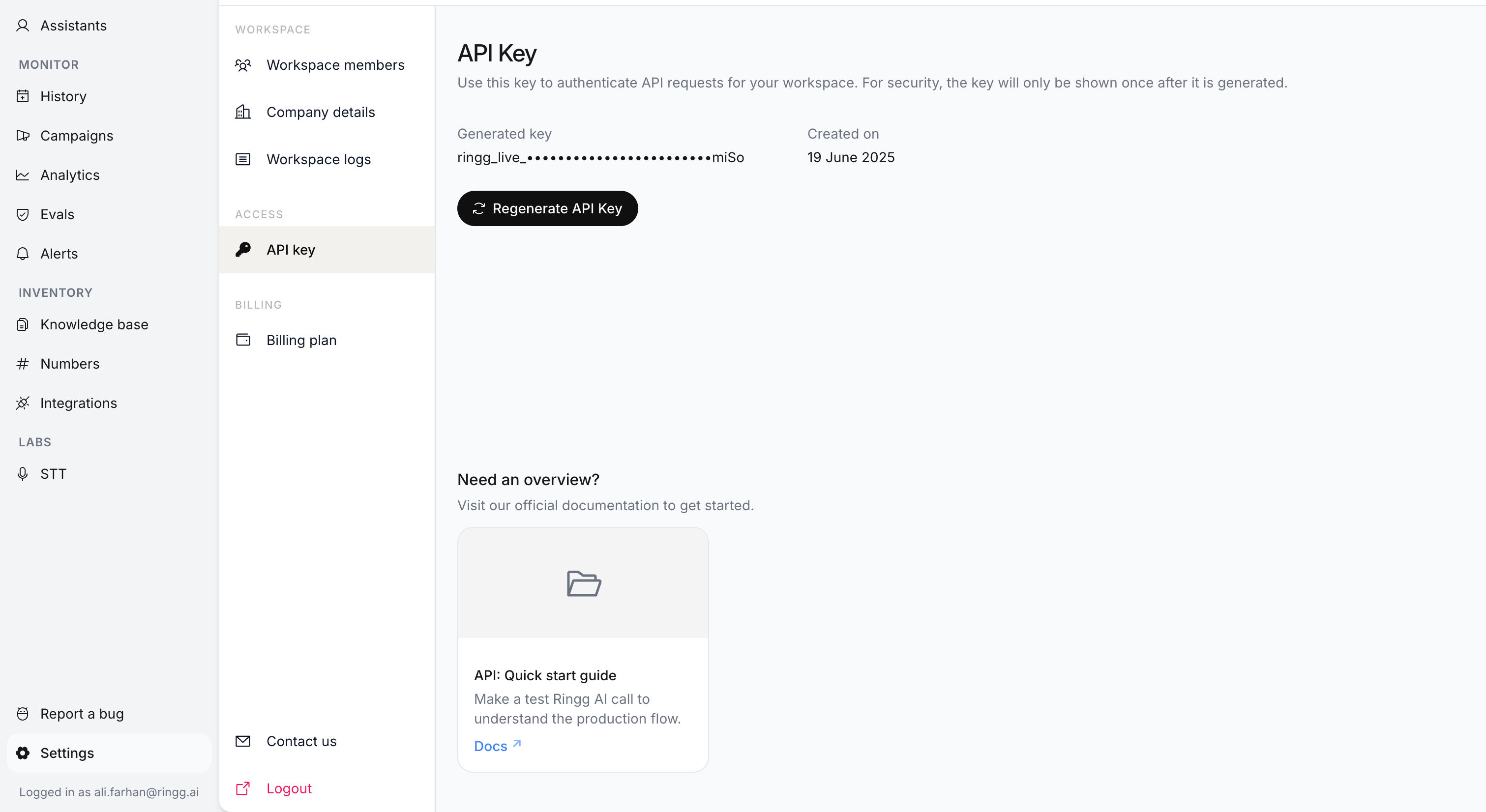 Ringg dashboard API key screen