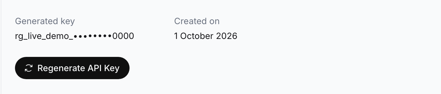 API Key page showing Generated key as a prefix, dots and the last four characters, Created on 1 October 2026, and a Regenerate API Key button