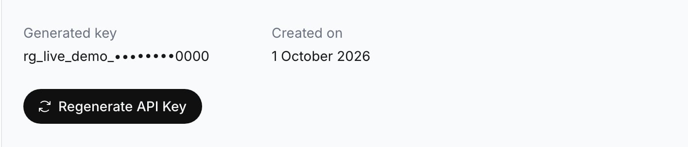 API Key page showing Generated key as a prefix, dots and the last four characters, Created on 1 October 2026, and a Regenerate API Key button