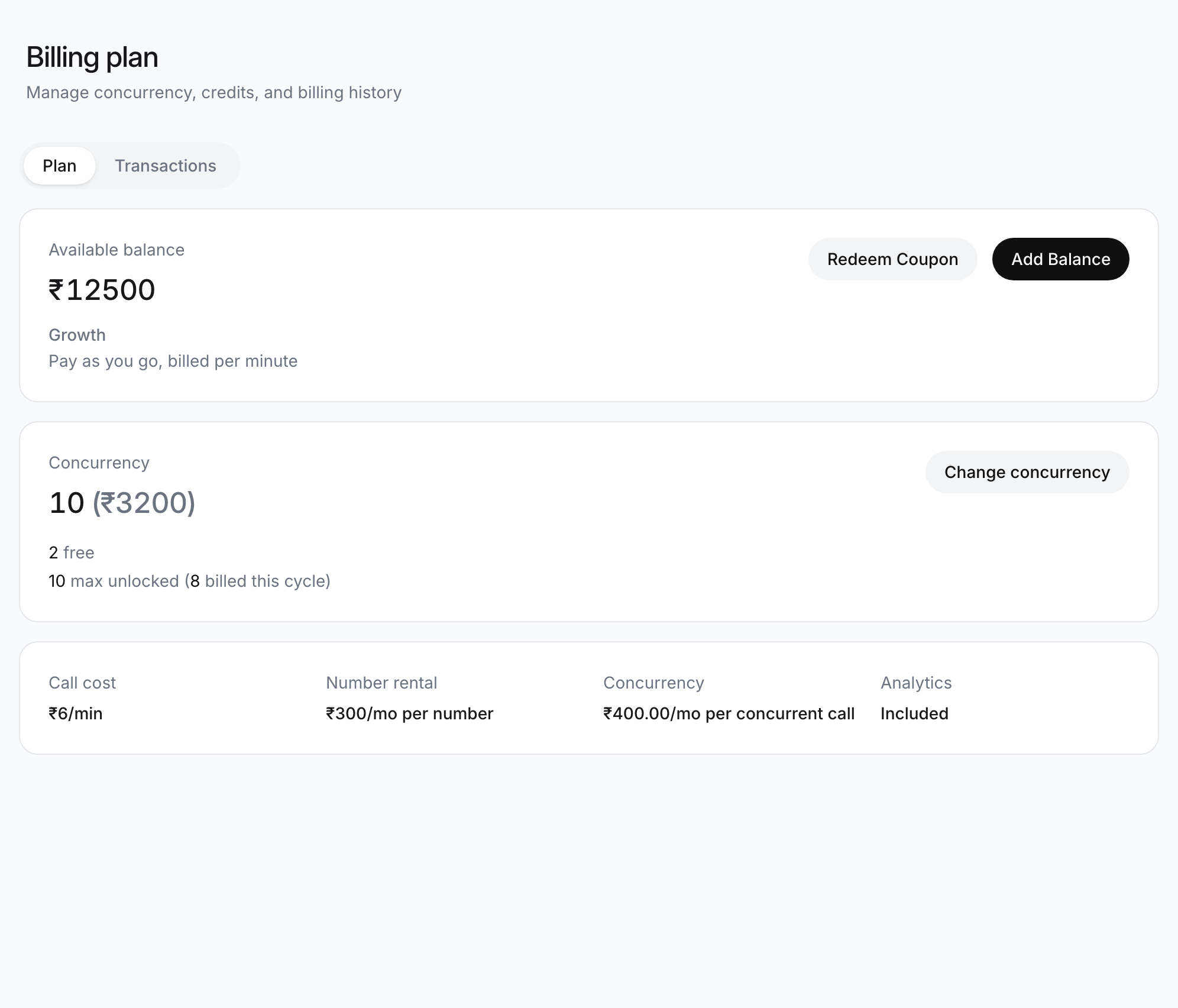 Billing plan page on the Plan tab: Available balance with Redeem Coupon and Add Balance buttons, a Concurrency card reading 10 with 2 free and Change concurrency, and a rate card with Call cost, Number rental, Concurrency and Analytics