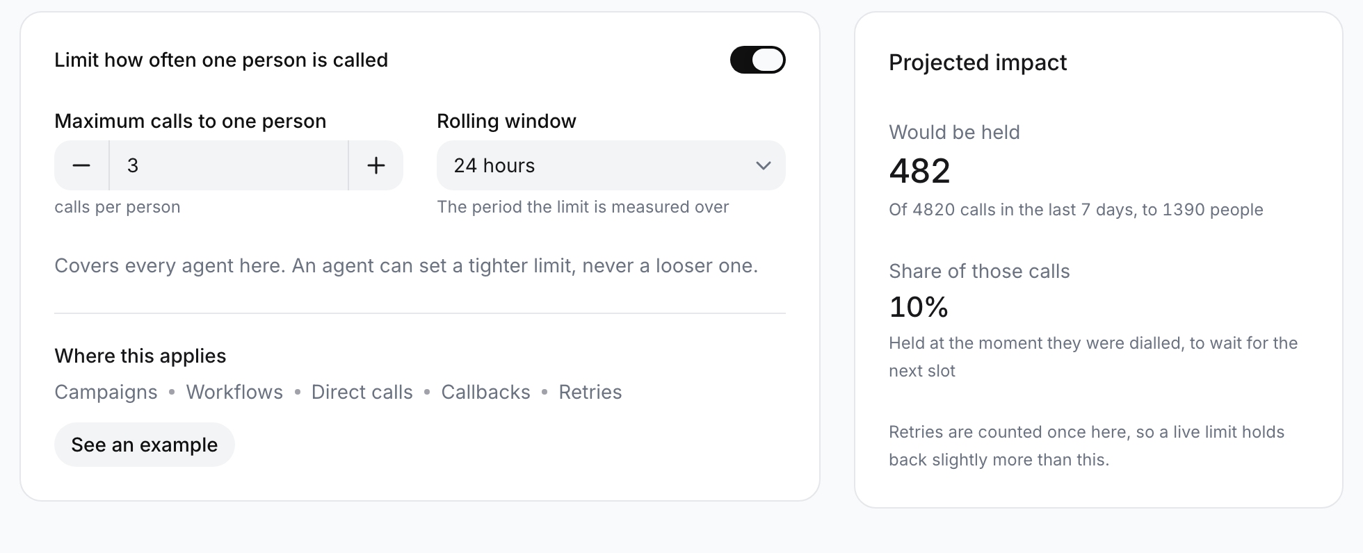 Call limits form with the switch on, Maximum calls to one person 3, Rolling window 24 hours, Where this applies listing Campaigns, Workflows, Direct calls, Callbacks and Retries, and a Projected impact panel showing Would be held and Share of those calls