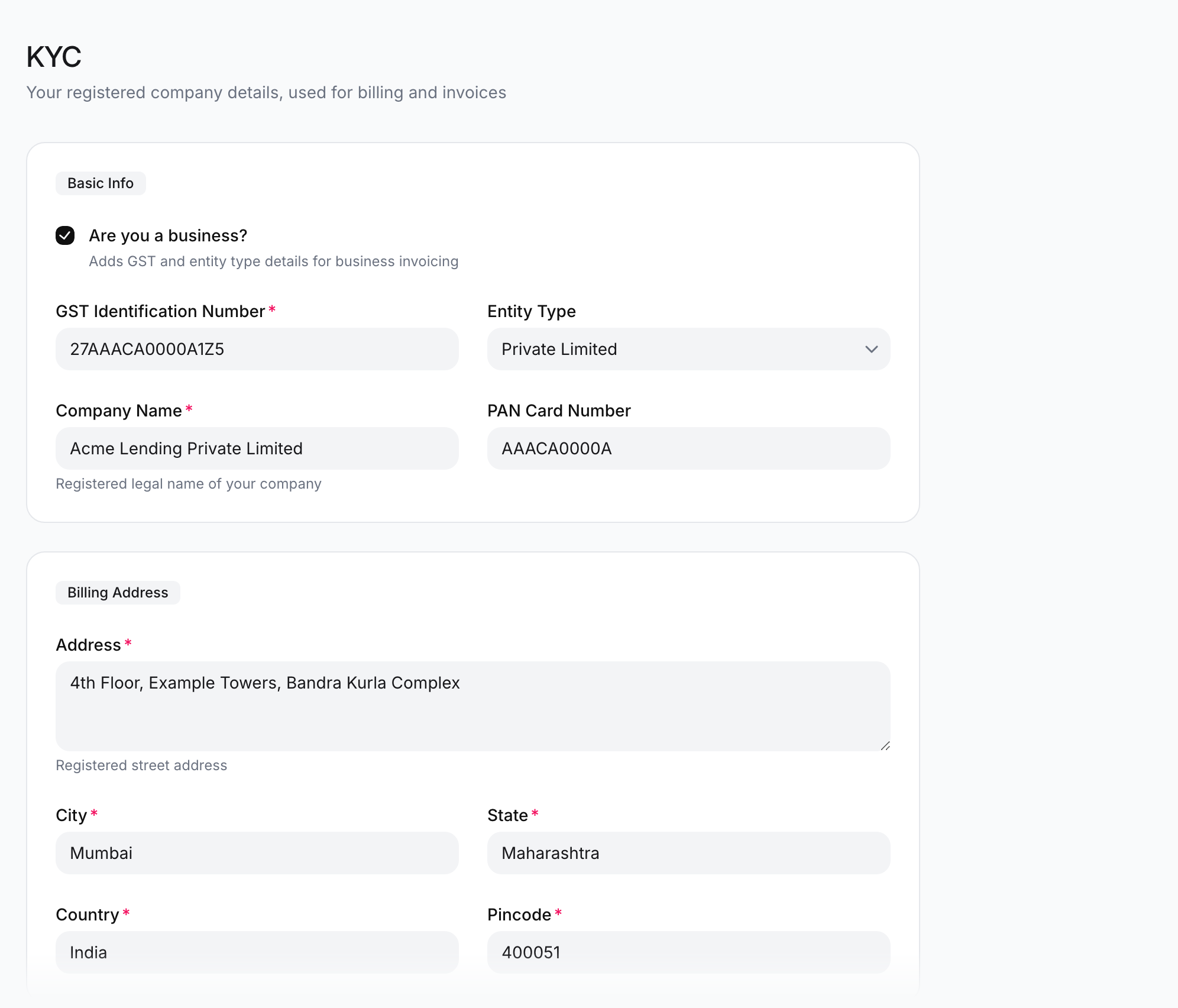KYC page with Are you a business? ticked, GST Identification Number, Entity Type Private Limited, Company Name, PAN Card Number, and the Billing Address fields filled in