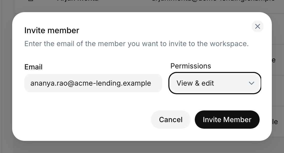 Invite member dialog with an email address filled in and the Permissions picker reading View & edit, next to the Cancel and Invite Member buttons