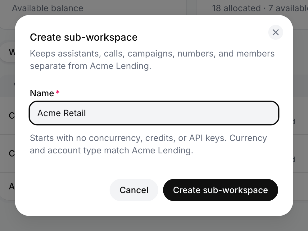 Create Ringg Space dialog with Name set to Acme Retail, a note that it starts with no concurrency, credits or API keys, and Cancel and Create Ringg Space buttons