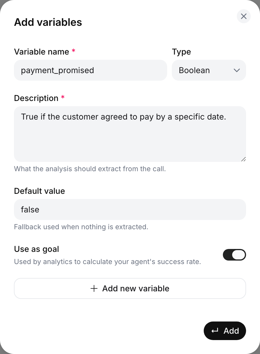Add variables dialog with Variable name payment_promised, Type Boolean, a description, Default value false and Use as goal switched on