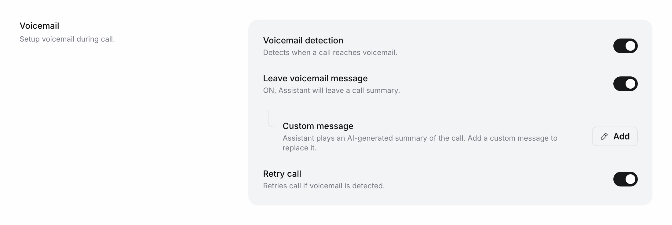 Voicemail section with Voicemail detection on, Leave voicemail message on with an Add button for a custom message, and Retry call on