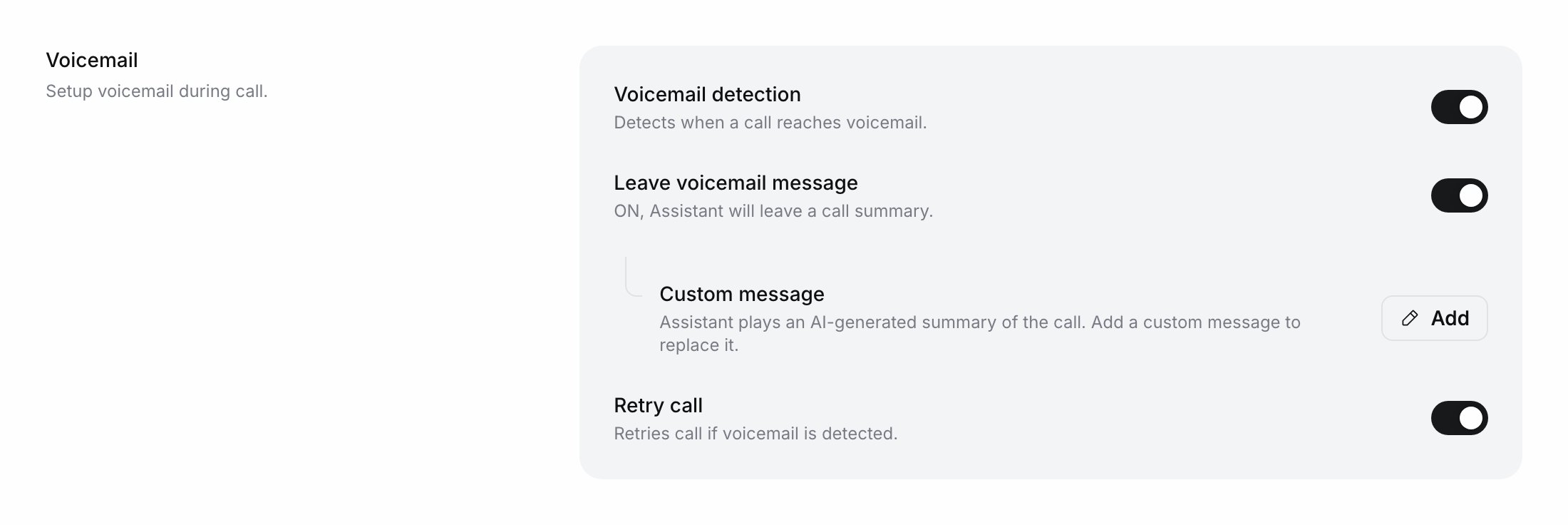 Voicemail section with Voicemail detection on, Leave voicemail message on with an Add button for a custom message, and Retry call on