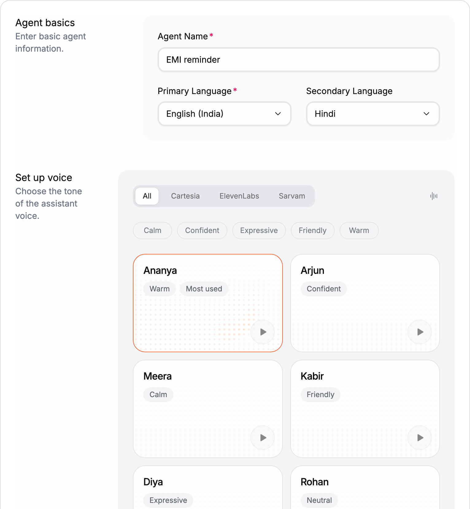 Agent basics with Agent Name EMI reminder, Primary Language English (India), Secondary Language Hindi, and the voice Ananya selected in the voice grid