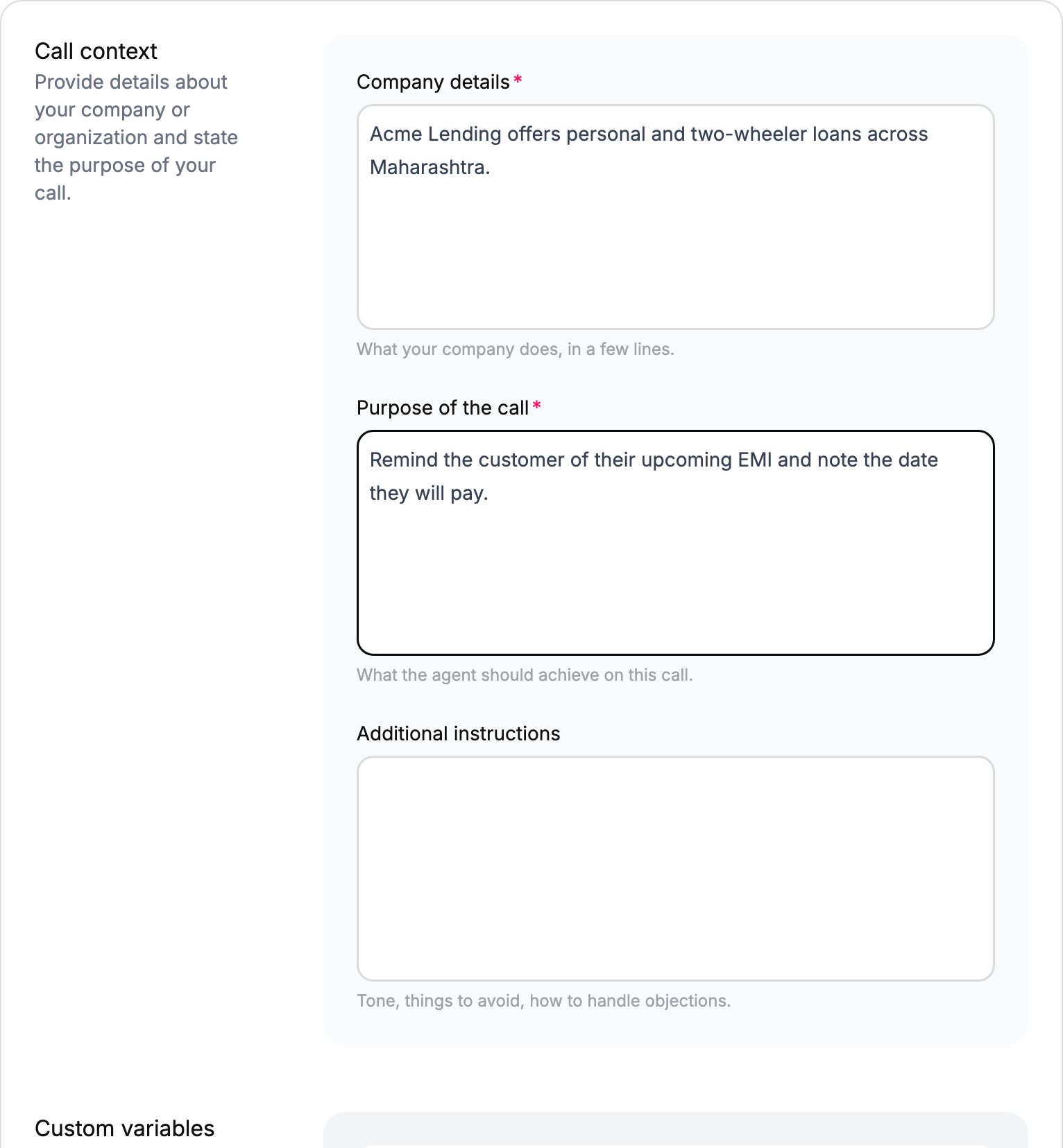 Call context step with Company details and Purpose of the call filled in for Acme Lending, and an empty Additional instructions field