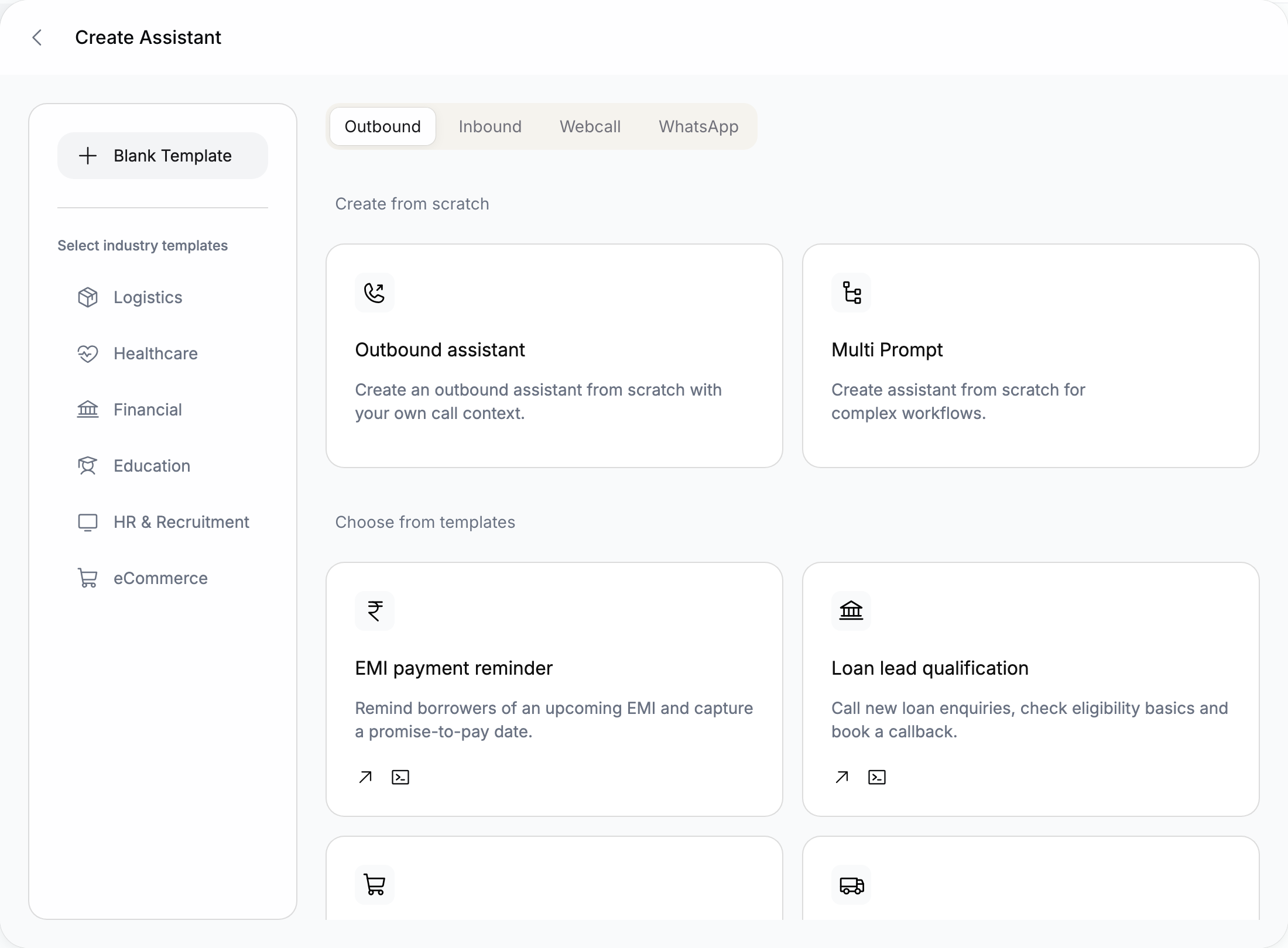 Create Assistant dialog on the Outbound tab with Blank Template selected: Outbound assistant and Multi Prompt under Create from scratch, and industry templates such as EMI payment reminder below