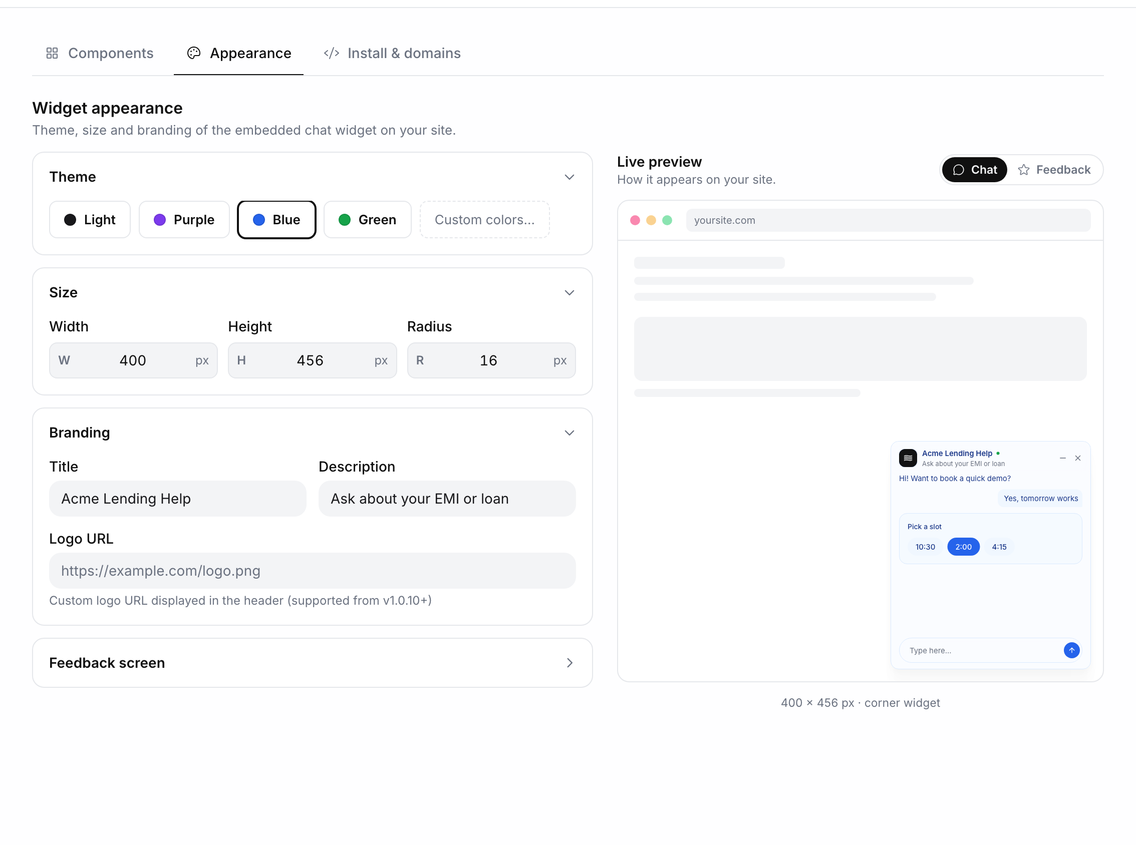 Widget appearance with the Blue theme selected, size 400 by 456 px, radius 16, branding title Acme Lending Help, and a live preview of the chat widget